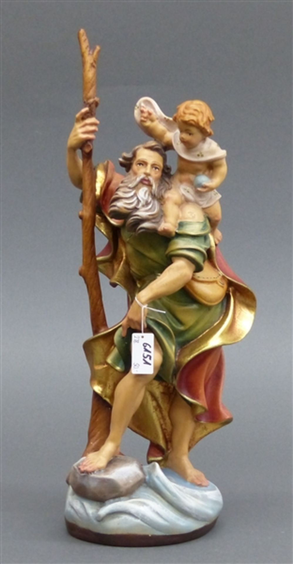Holzskulptur 20. Jh. geschnitzt, gefasst, vergoldet, Heiliger Christophorus, Grödnertal, h 40 cm,