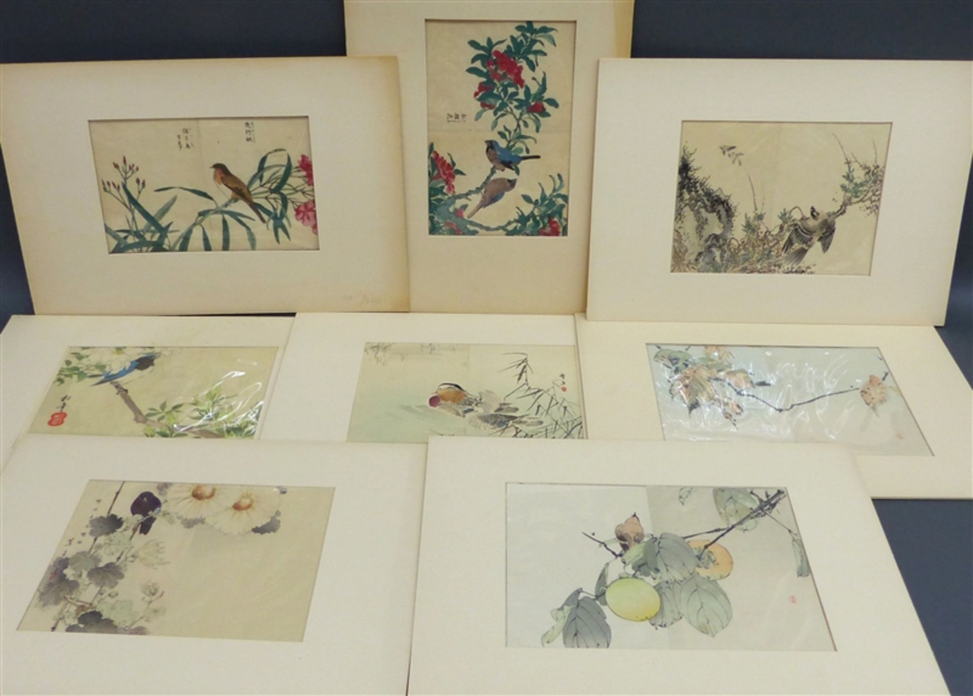 Konvolut Japanische Farbholzschnitte, ca. 17 Stück, Landschaften mit Vögeln, teilweise signiert:
