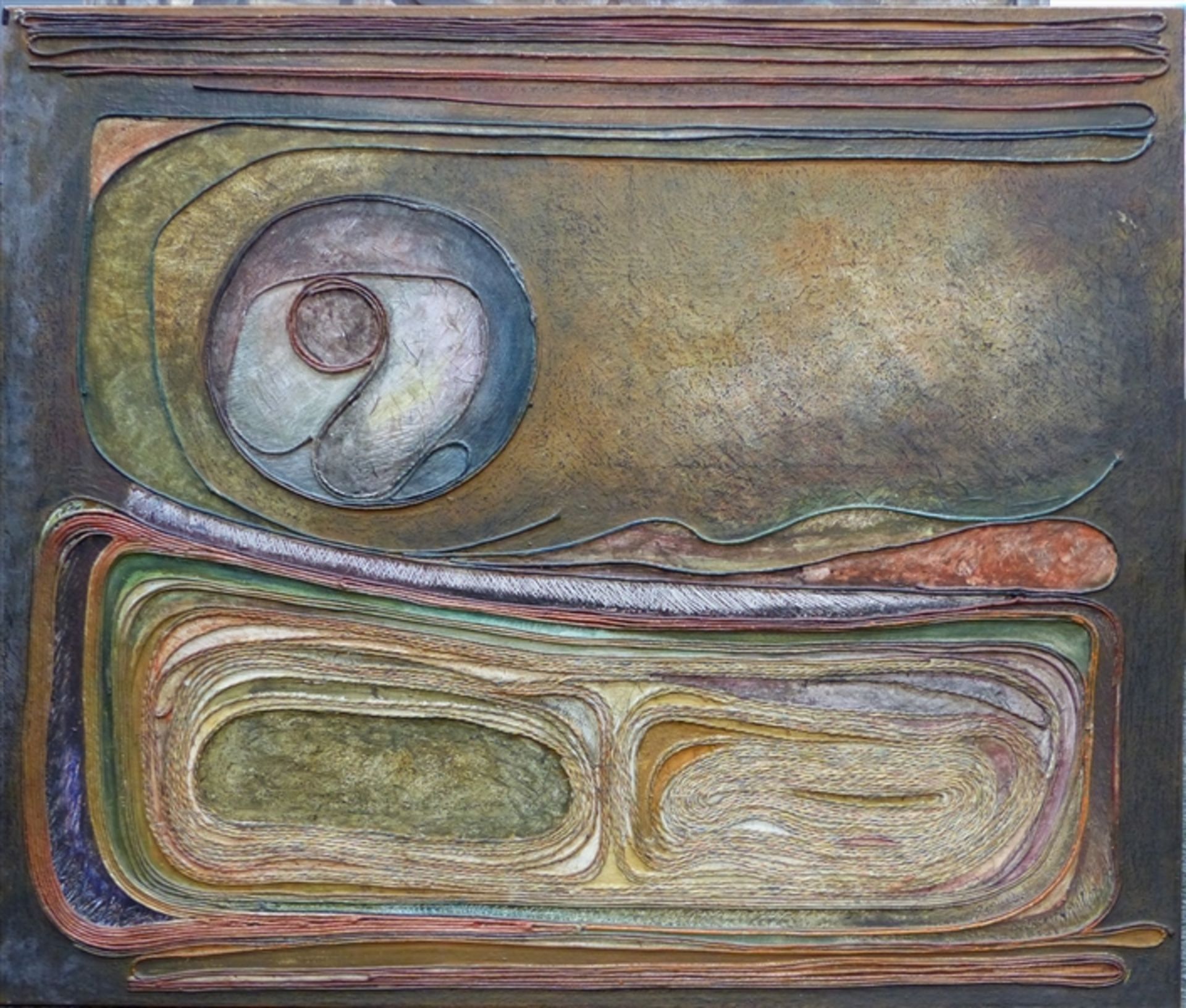 Unbekannt, 20. Jh. Mischtechnik/Collage auf Leinwand, abstrakte Komposition mit Schnüren, 81x97 cm,