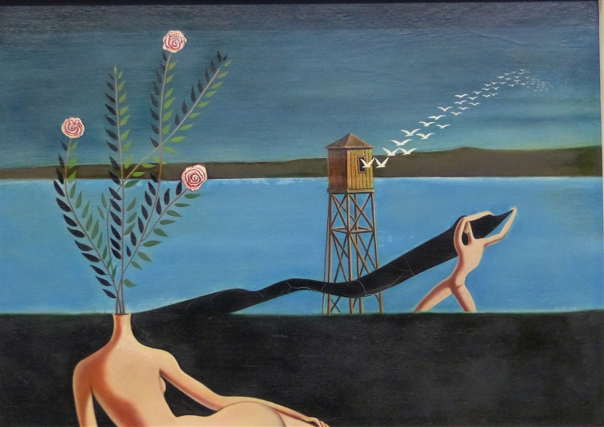 Böck, Rolf 20. Jh., Öl auf Malerpappe, Surreales Motiv, "Umzug ins Vergessen", 1964, 24,5x33,5 cm,