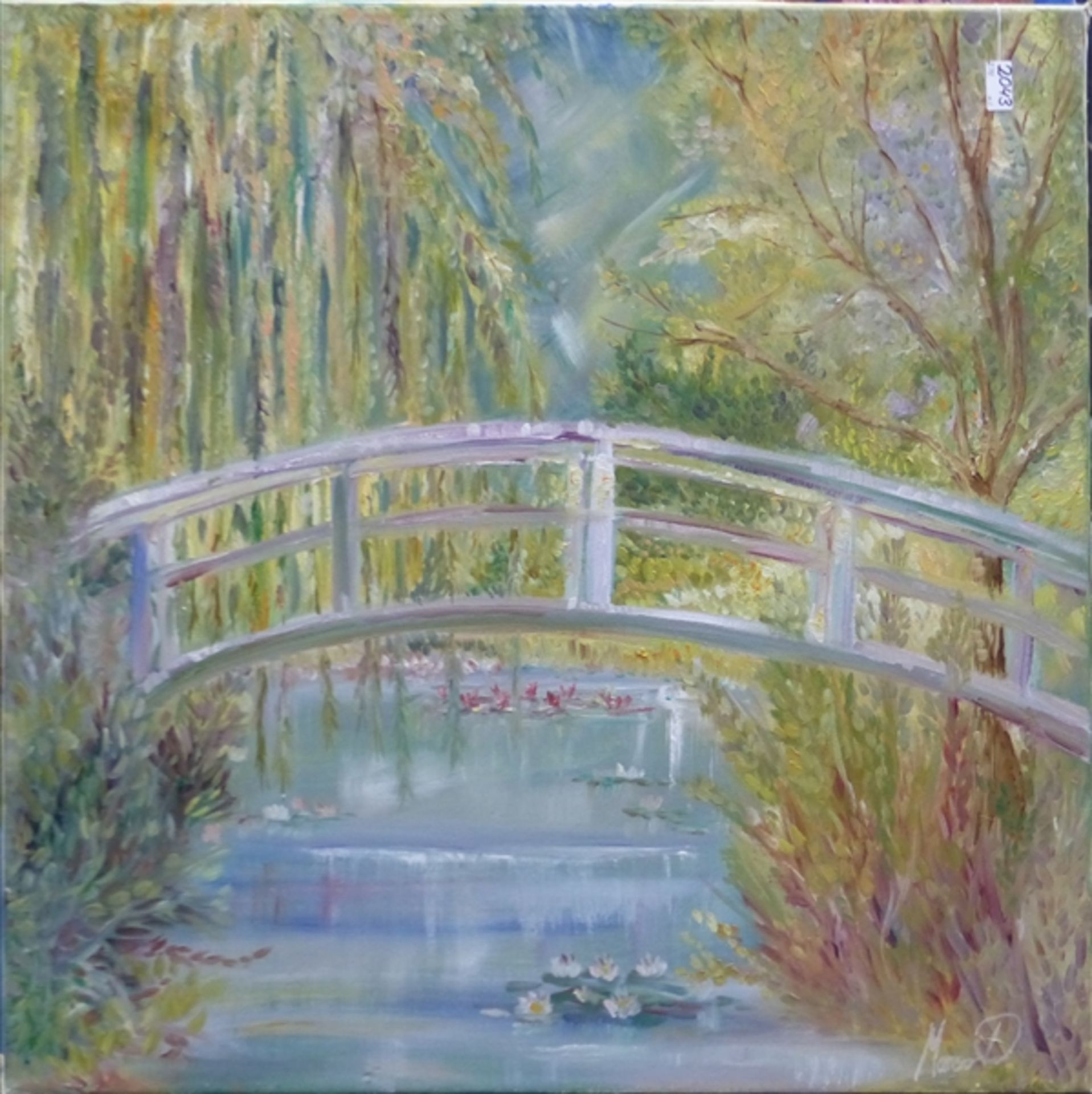 Duttler, Marco Öl auf Leinwand, Waldansicht mit Weiher und Brücke, rechts unten signiert, 71 x 70