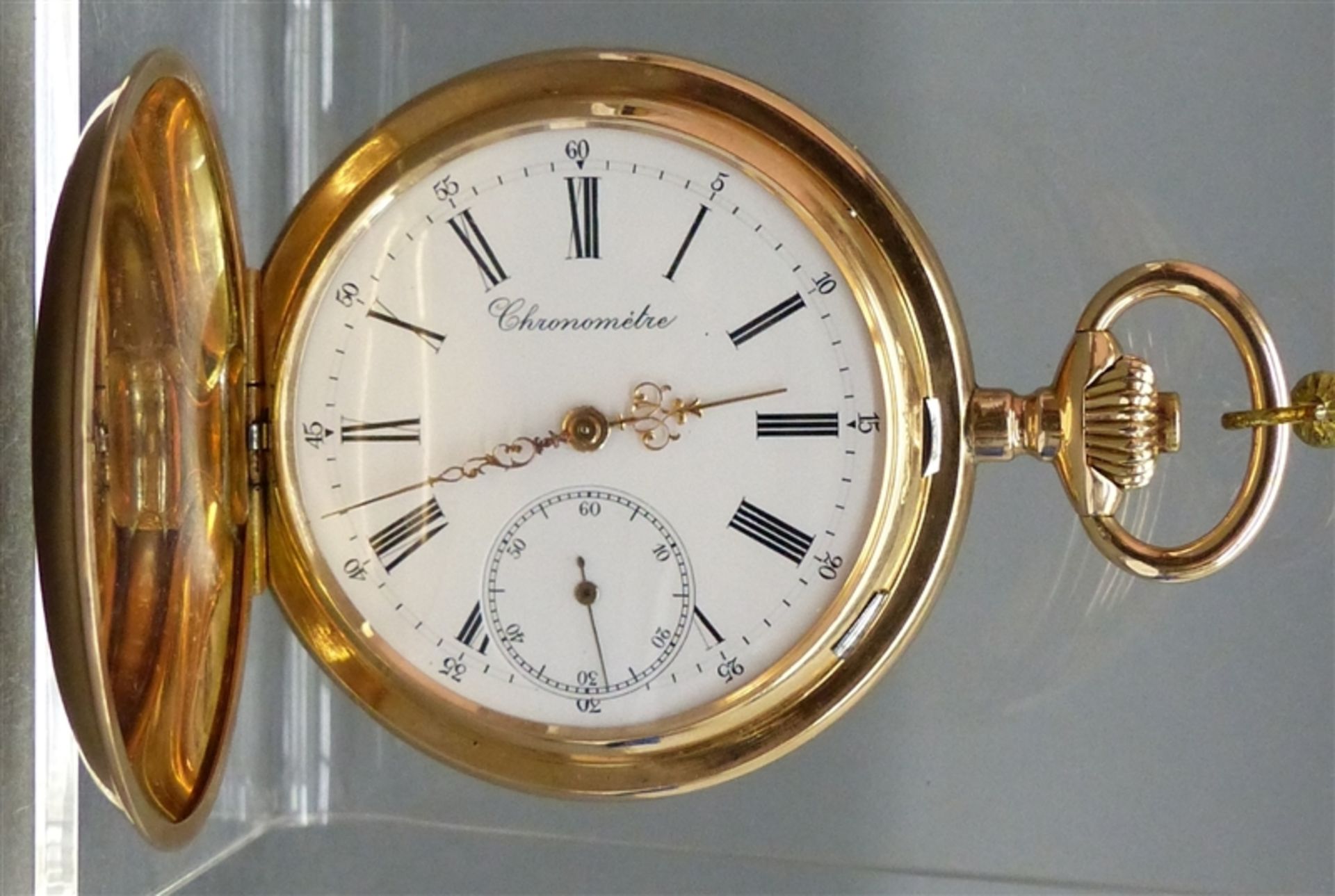 Sprungdeckeltaschenuhr, um 1900 18 kt. Gelbgold, "Chronometre", Kronenaufzug,