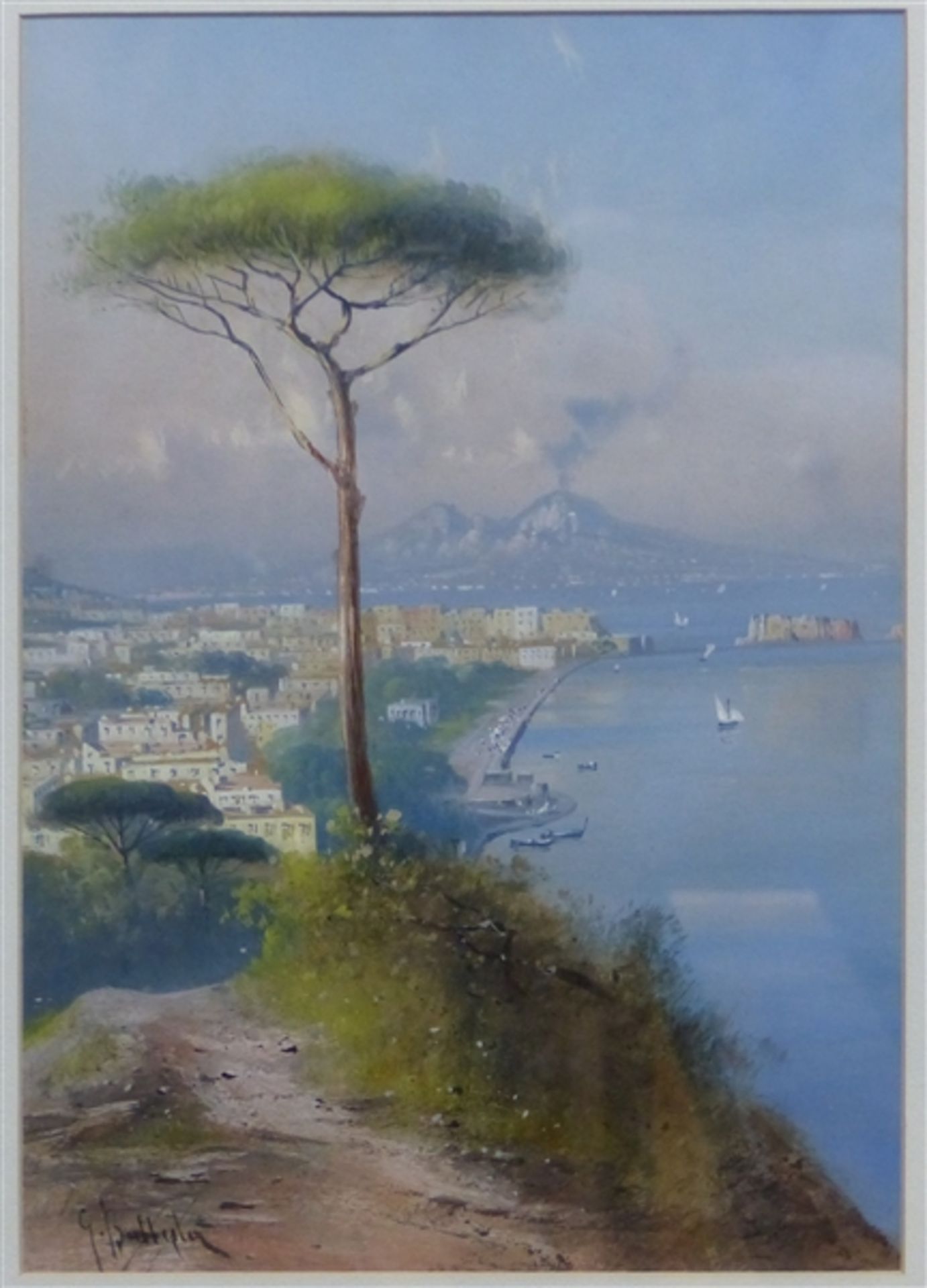 Battyla, G. 20. Jh., Aquarell auf Papier, Stadtansicht von Neapel mit Vesuv, links unten signiert,