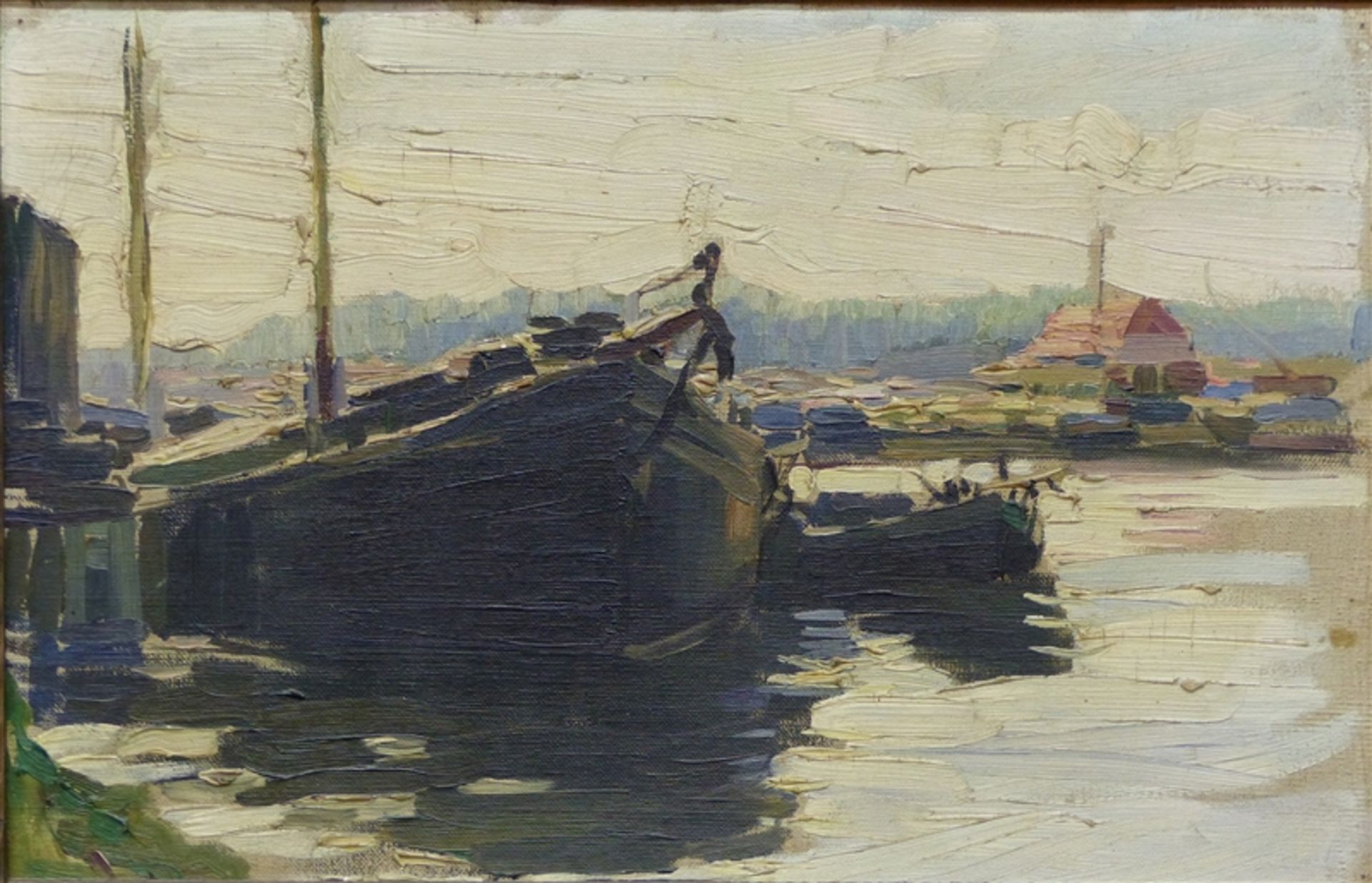 Holland, um 1900 Öl auf Malerpappe, Fischerboote im Hafen, impressionistische Malweise, 35x51 cm, im