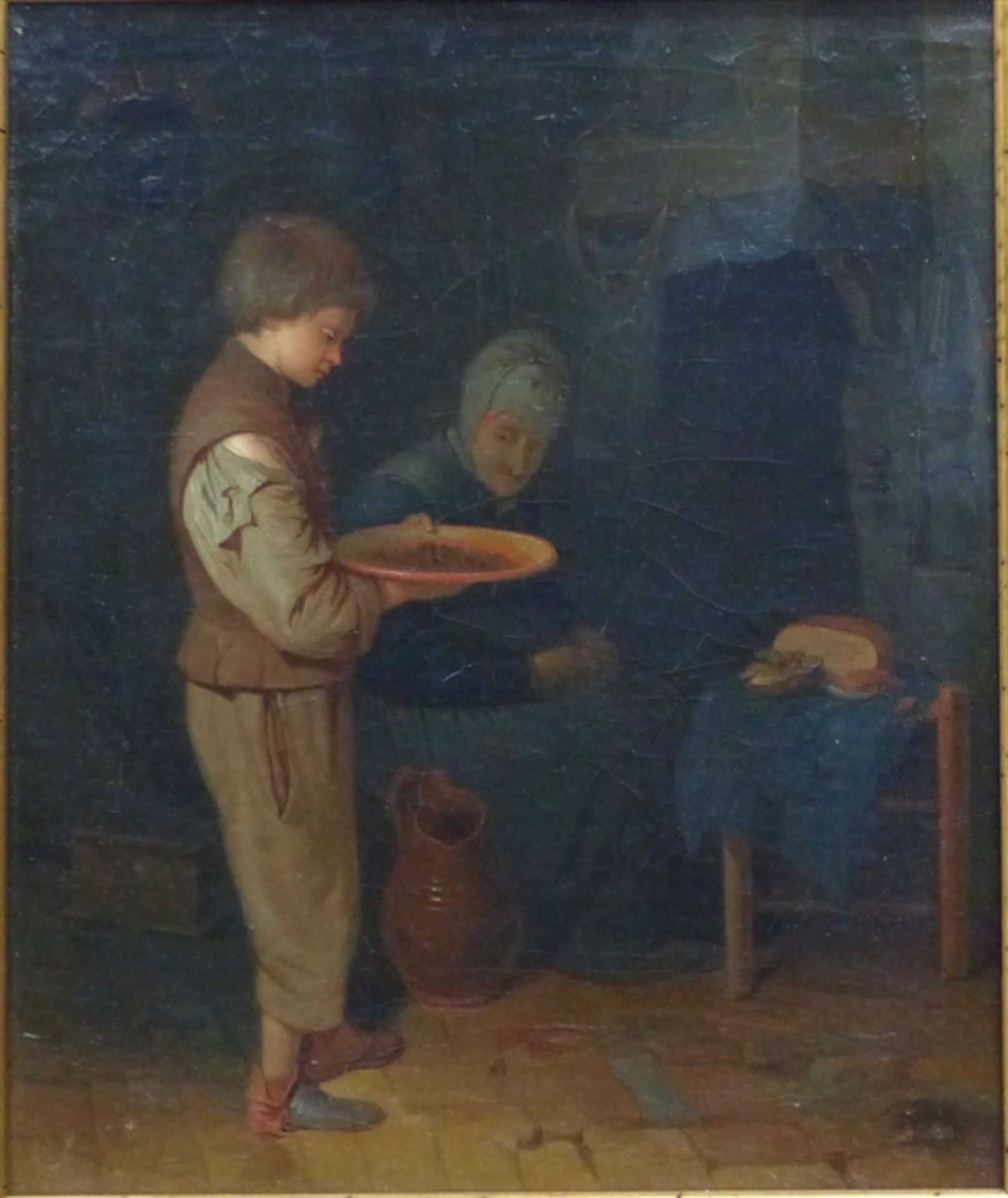 Holland, um 1800 Öl auf Leinen, doubliert, Interieurszene, Grossmutter und ein Junge in der Küche am