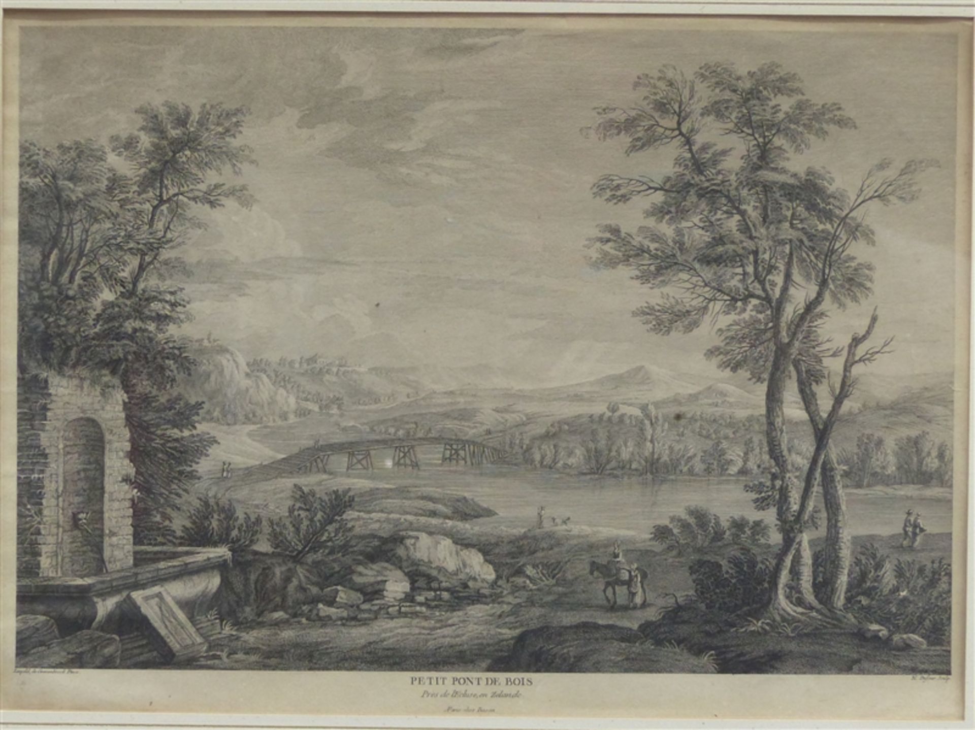 Stahlstich, 18. Jh. Landschaftsdarstellung: "Petit Pont de Bois", gestochen von Nicolas Dufour (