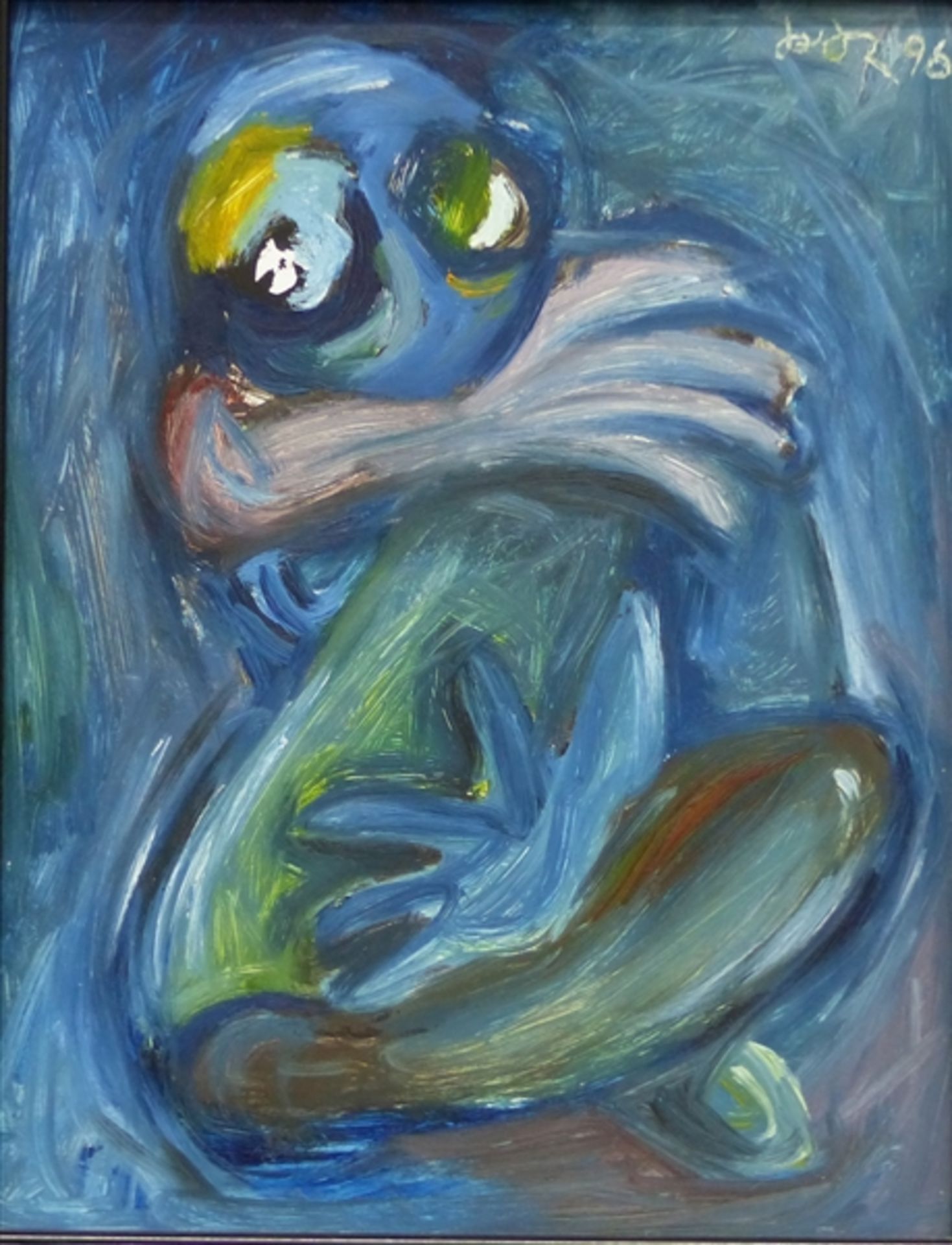 Unbekannt, 20. Jh. Öl auf Malerpappe, moderne Darstellung eines froschähnlichen Wesens, rechts