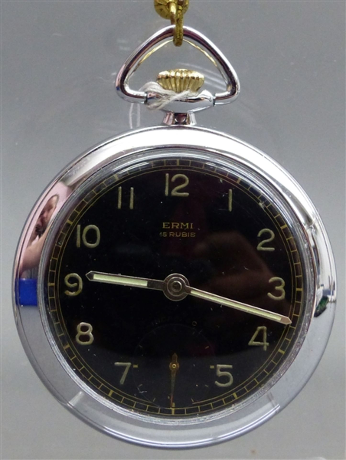 Taschenuhr Chromgehäuse, "Ermi", Kronenaufzug, schwarzes Ziffernblatt, arabische Zahlen, läuft an, d