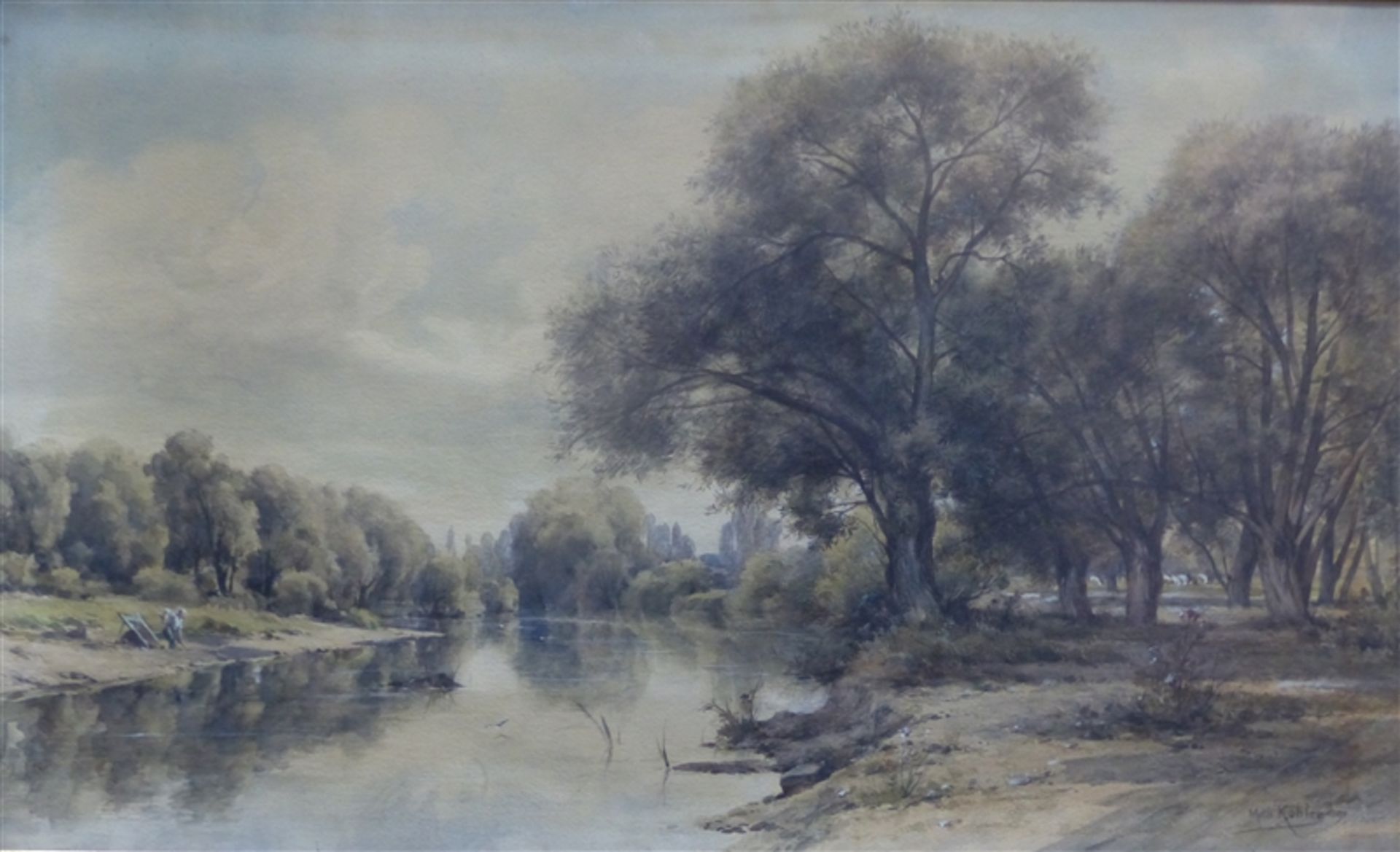 Kohler, Matthieu 1841-1916, Aquarell auf Papier, Flusslandschaft mit mächtigen Bäumen, am linken