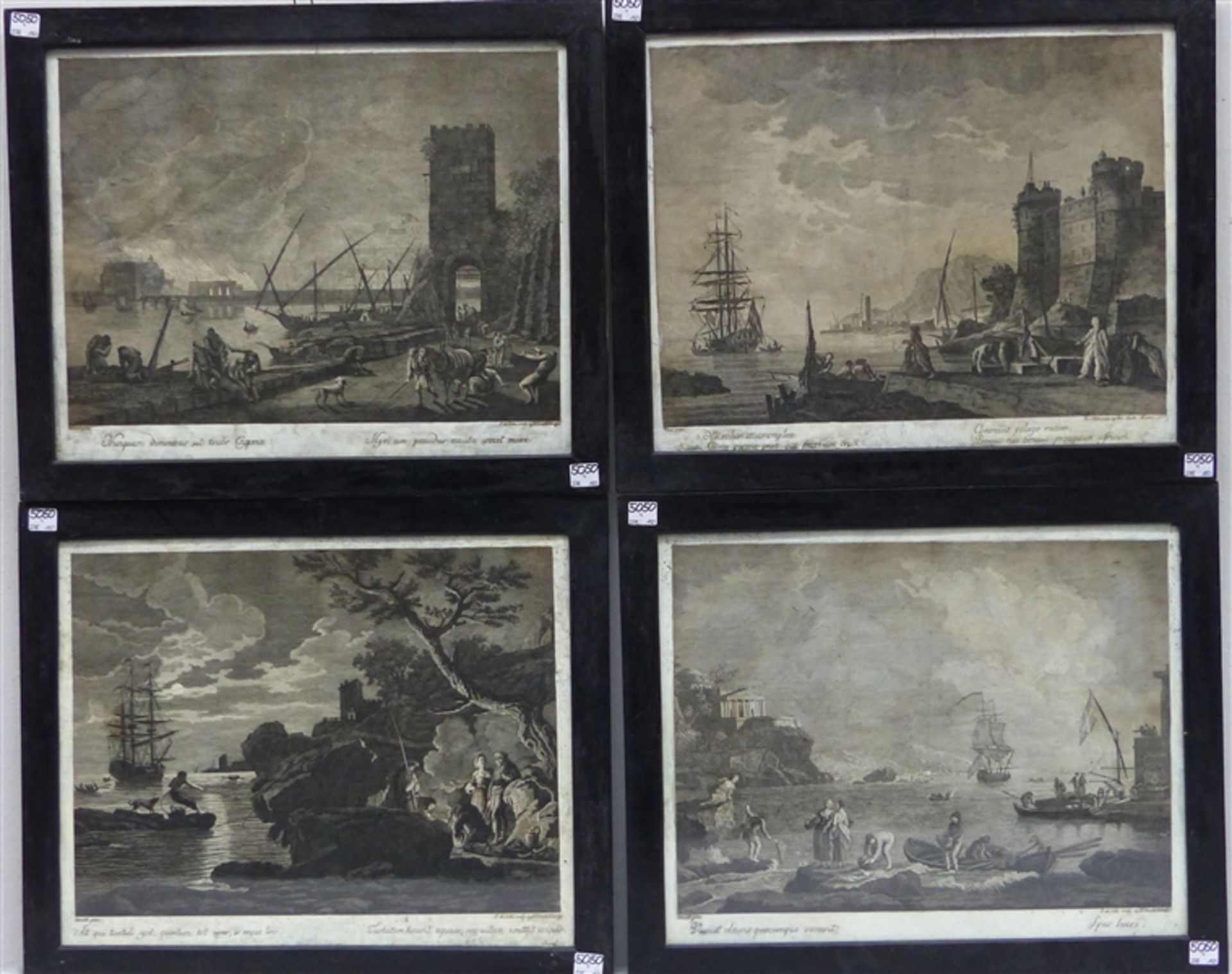 4 Kupferstiche nach Motiven von Claude Vernet, Hafenansichten mit zahlreichen Schiffen und Personen,