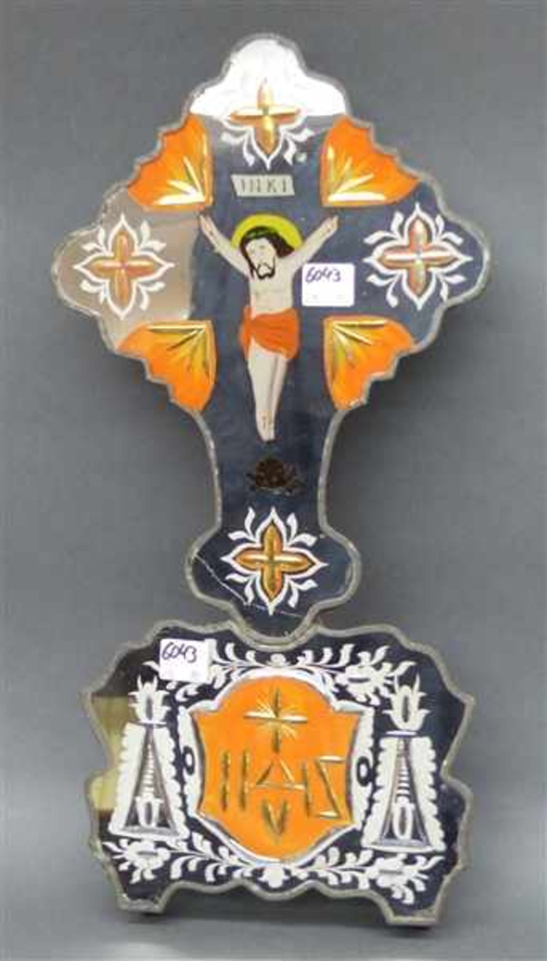 Nonnenspiegel Kreuzform, bemalt, vergoldet, um 1900, h 39 cm, b 20 cm,