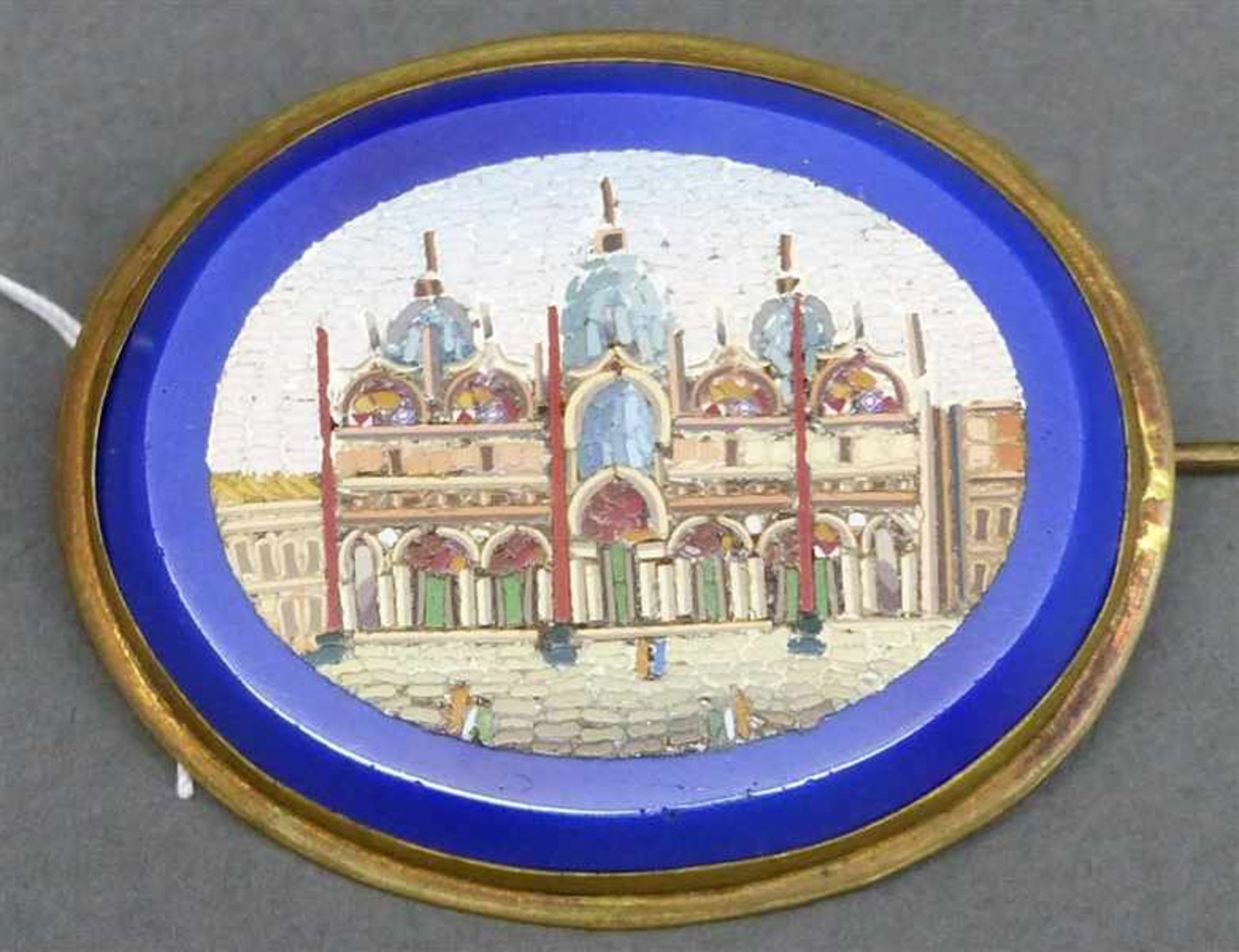 Brosche Metallfassung, Pietra Dura, "Venedigansicht Markusplatz", Steinmosaik, oval, b 4,5 cm,