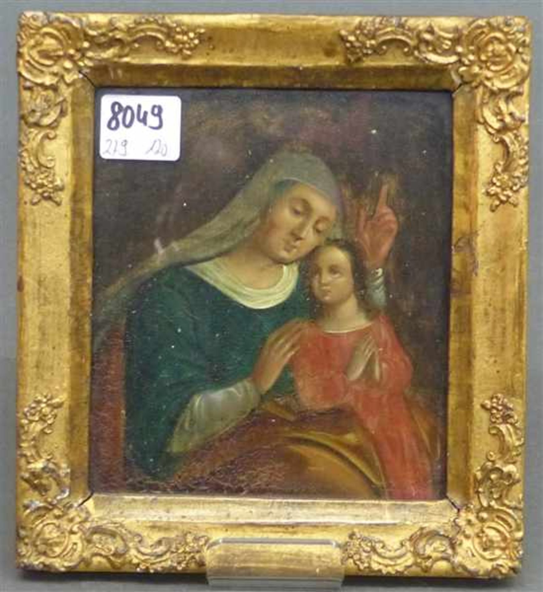 Heiligenmalerei, um 1800 Öl auf Metall, Madonna mit dem betenden Jesusknaben, 12x10,5 cm, im