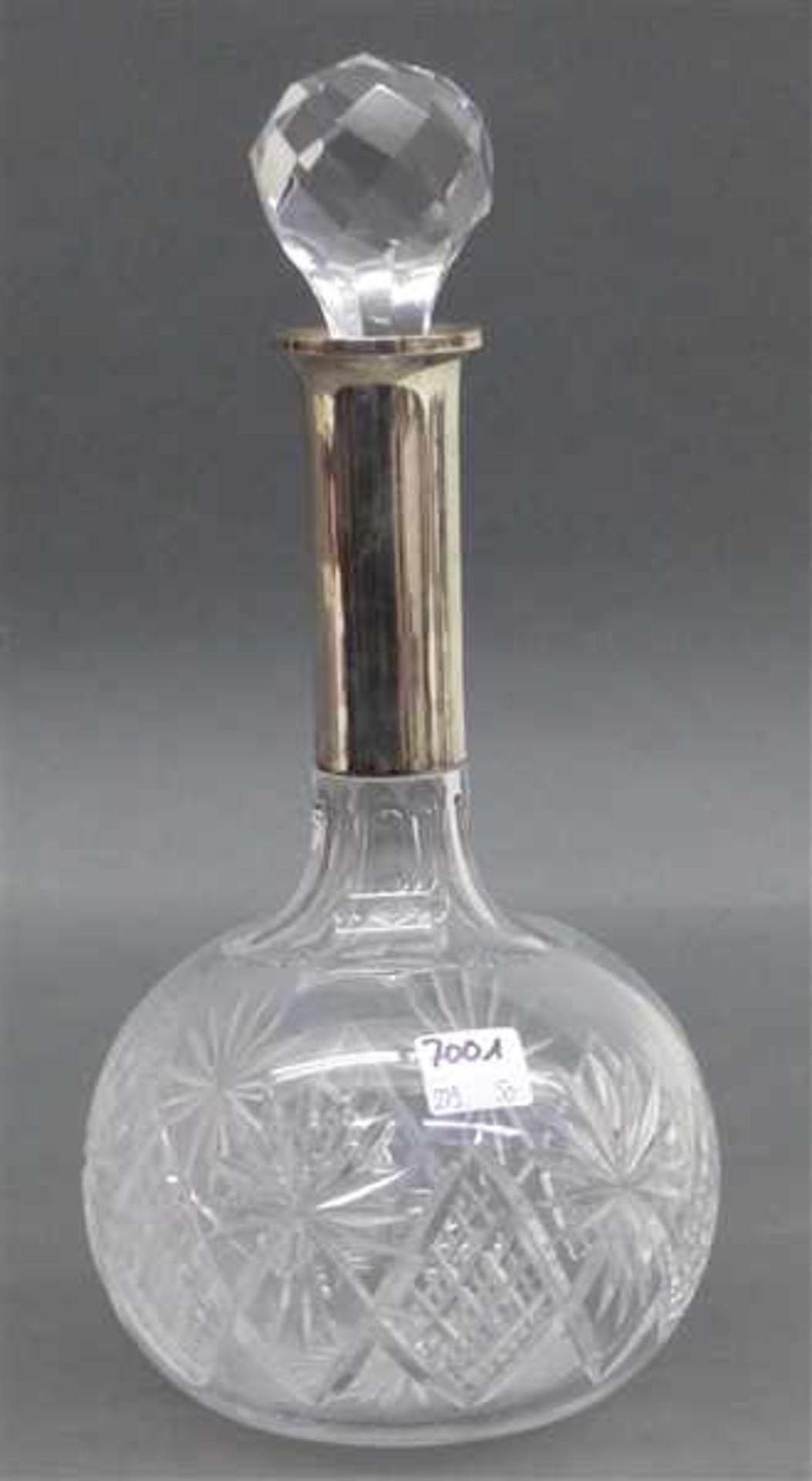 Kristallkaraffe 800er Silbermontur, farblos, beschliffen, mit Stöpsel, um 1930, h 30 cm,