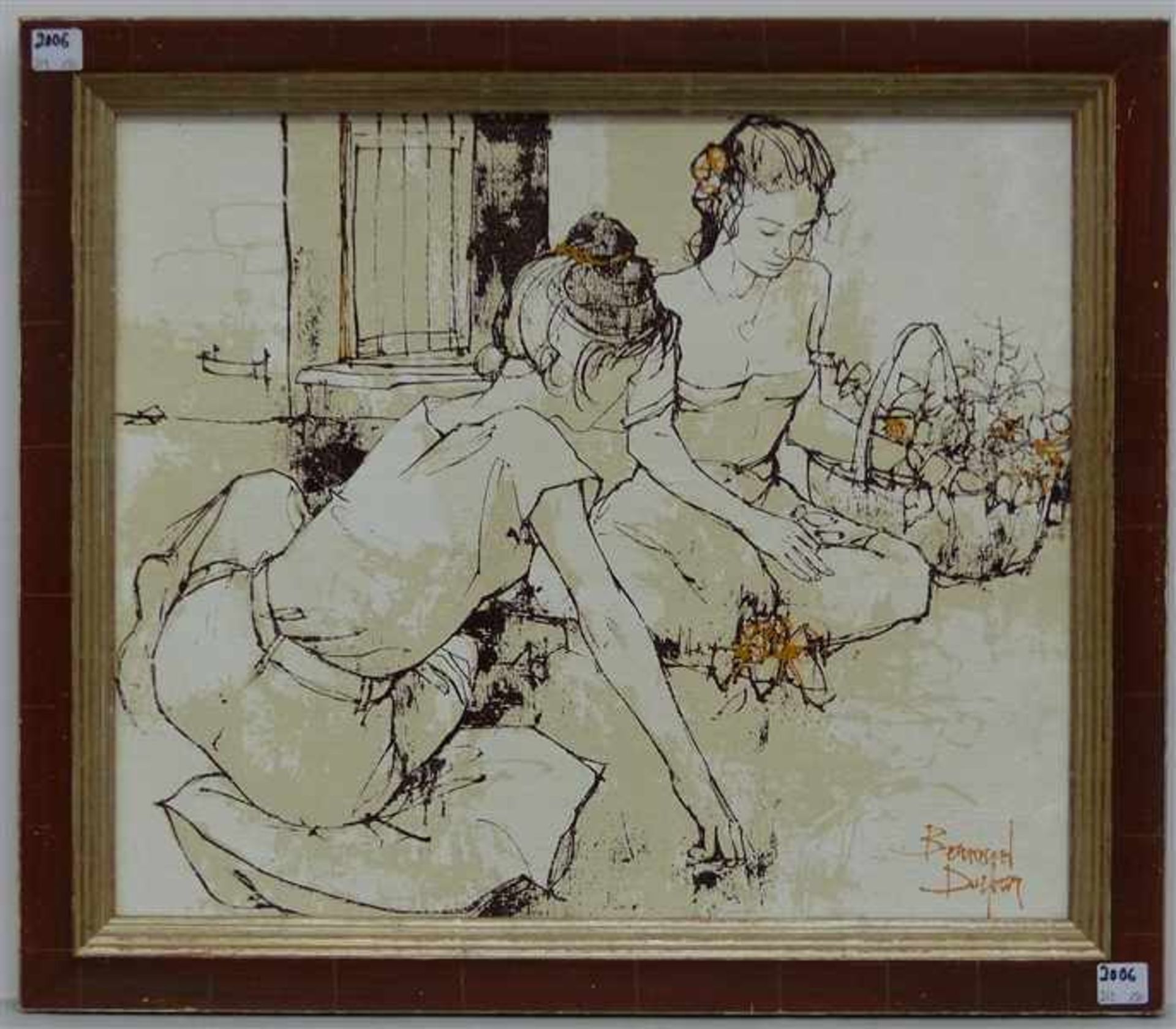 Dufour, Bernhard 1922 - 2016, Ölzeichnung auf Karton, zwei sitzende Mädchen mit Einkaufskorb, rechts