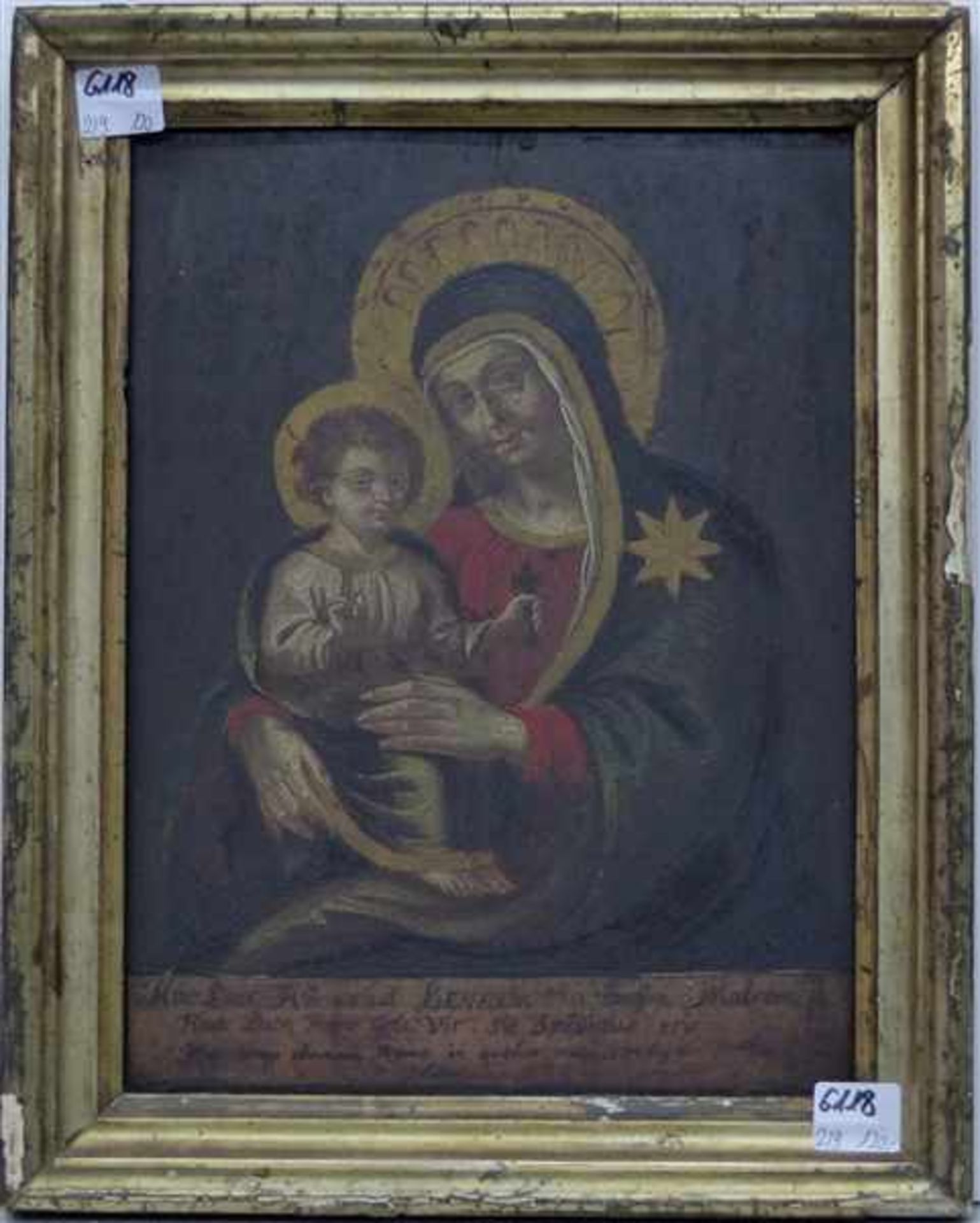 Altarbild, um 1800 Öl auf Holz, Madonna mit Jesuskind, mit Legende, Art Ex Voto, 26,5x20 cm, im