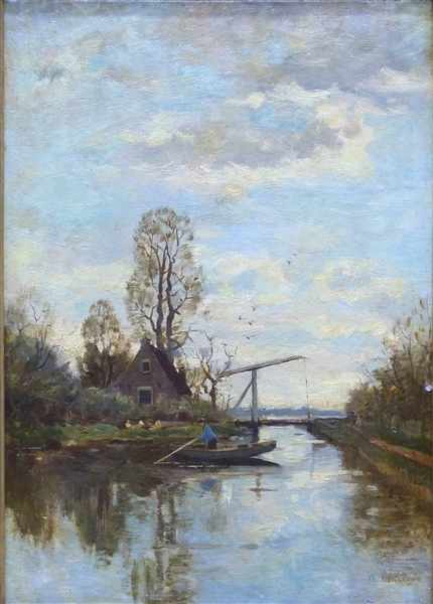 Maris, Willem 1844 Den Haag 1910, Öl auf Leinen, Holl. Landschaft, Fluß mit einer Zugbrücke, im