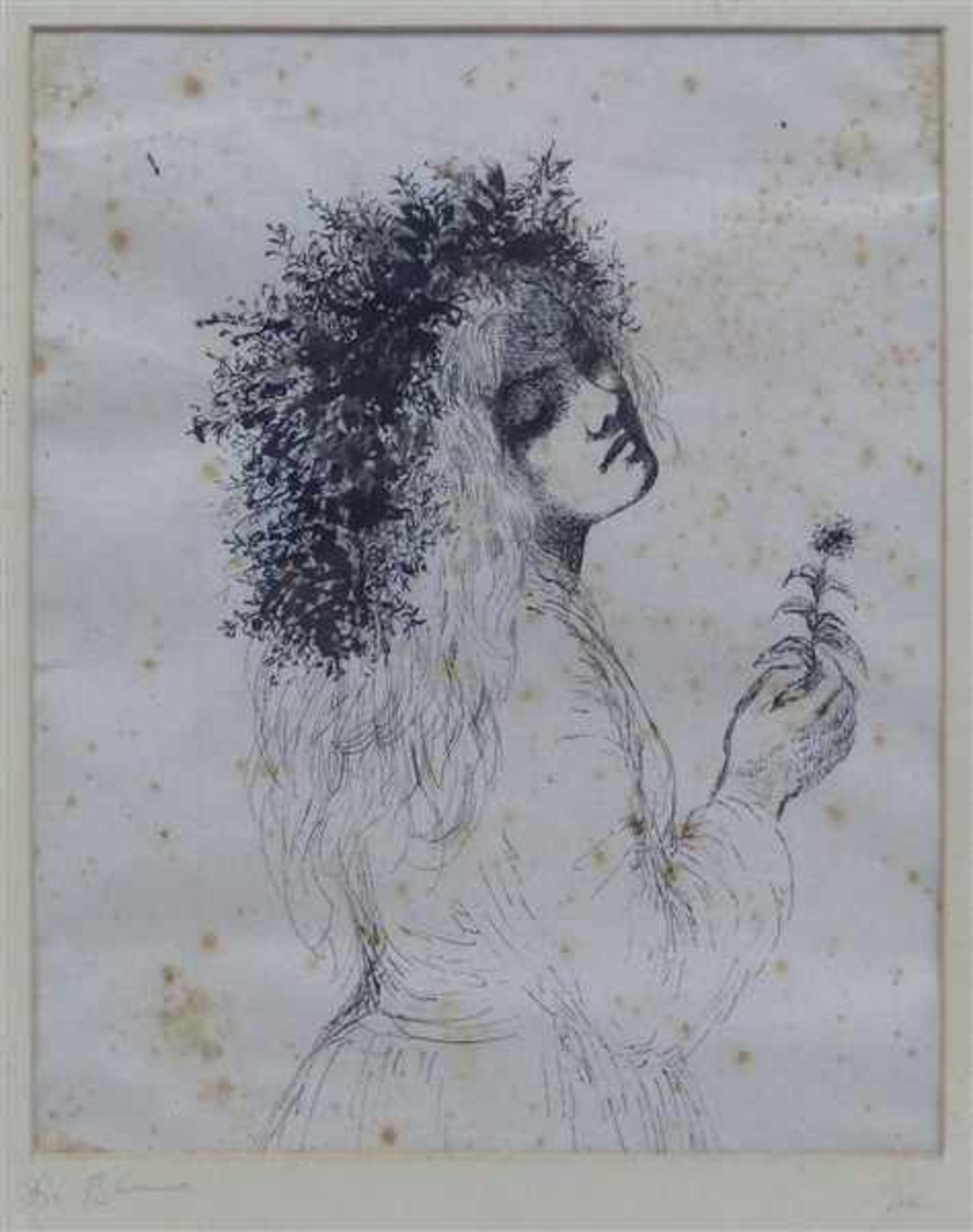 Hanna Nagel 1907 - 1975, Tuschzeichnung, "die Blume", junges Mädchen mit Blütenkranz im Haar und