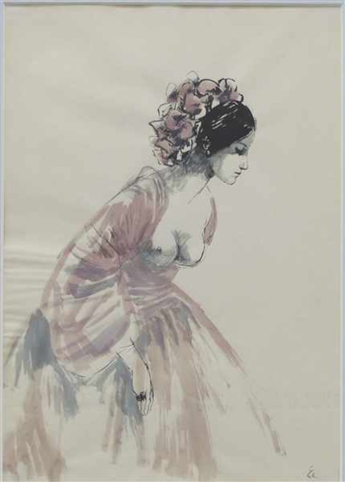 Hanna Nagel 1907 - 1975, Tuschzeichnung, aquarelliert, Dame im langen Kleid mit entblößter Brust,