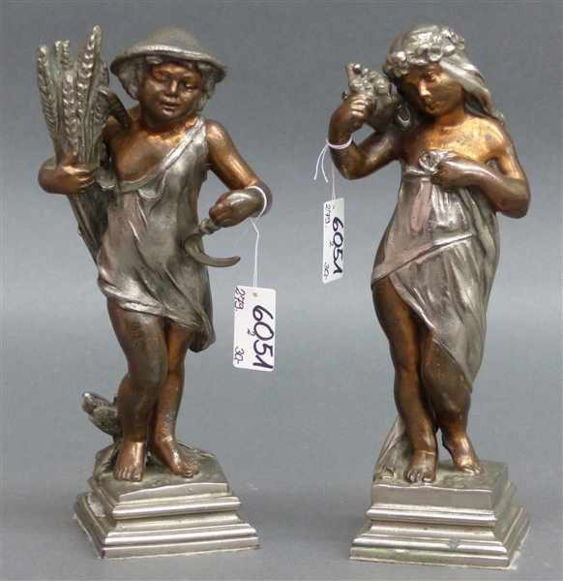 Paar Figuren Metallguss, Frühling und Sommer darstellend, teilweise verkupfert, h 21 cm,