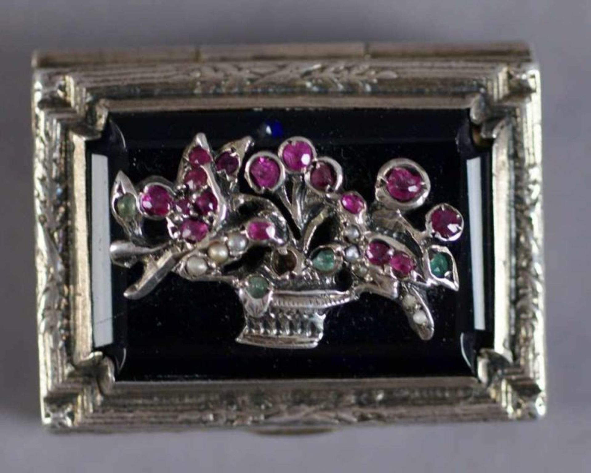 Miniatur Deckeldose, Silber mit Emaille, auf dem Deckel ein mit wohl Edelsteinen und Perlen - Bild 4 aus 9