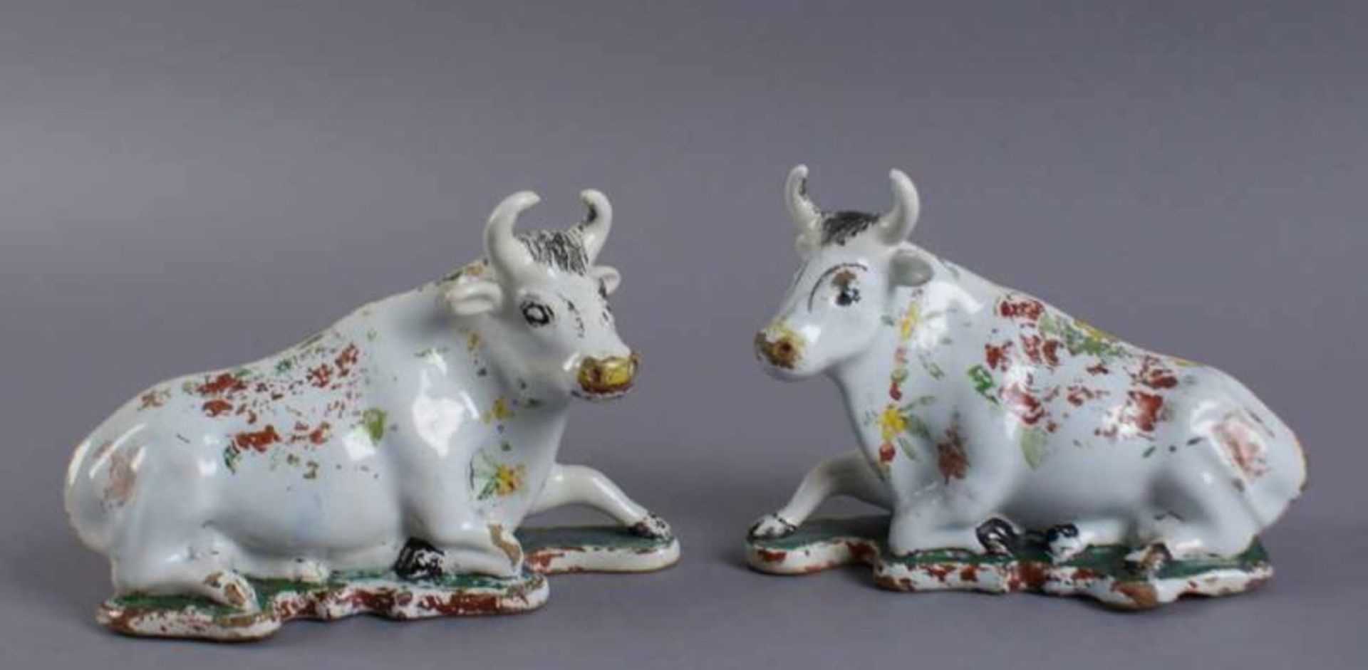 Zwei Kühe, Delft, bunt glasierte Keramik, 18. JH, alte Restaurierung, 10x15,5 x7 cm 20.17 % buyer'