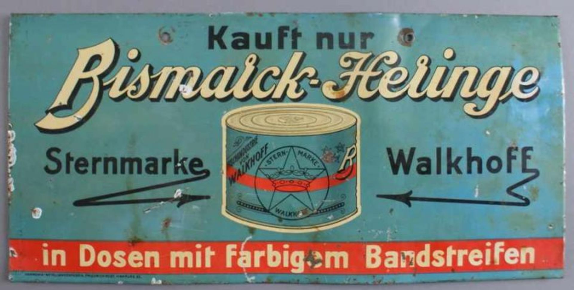 Blechschild / Werbeschild, Bismarck-Heringe, Sternmarke Walkhoff, Alterssupren, 16x33cm 20.17 %