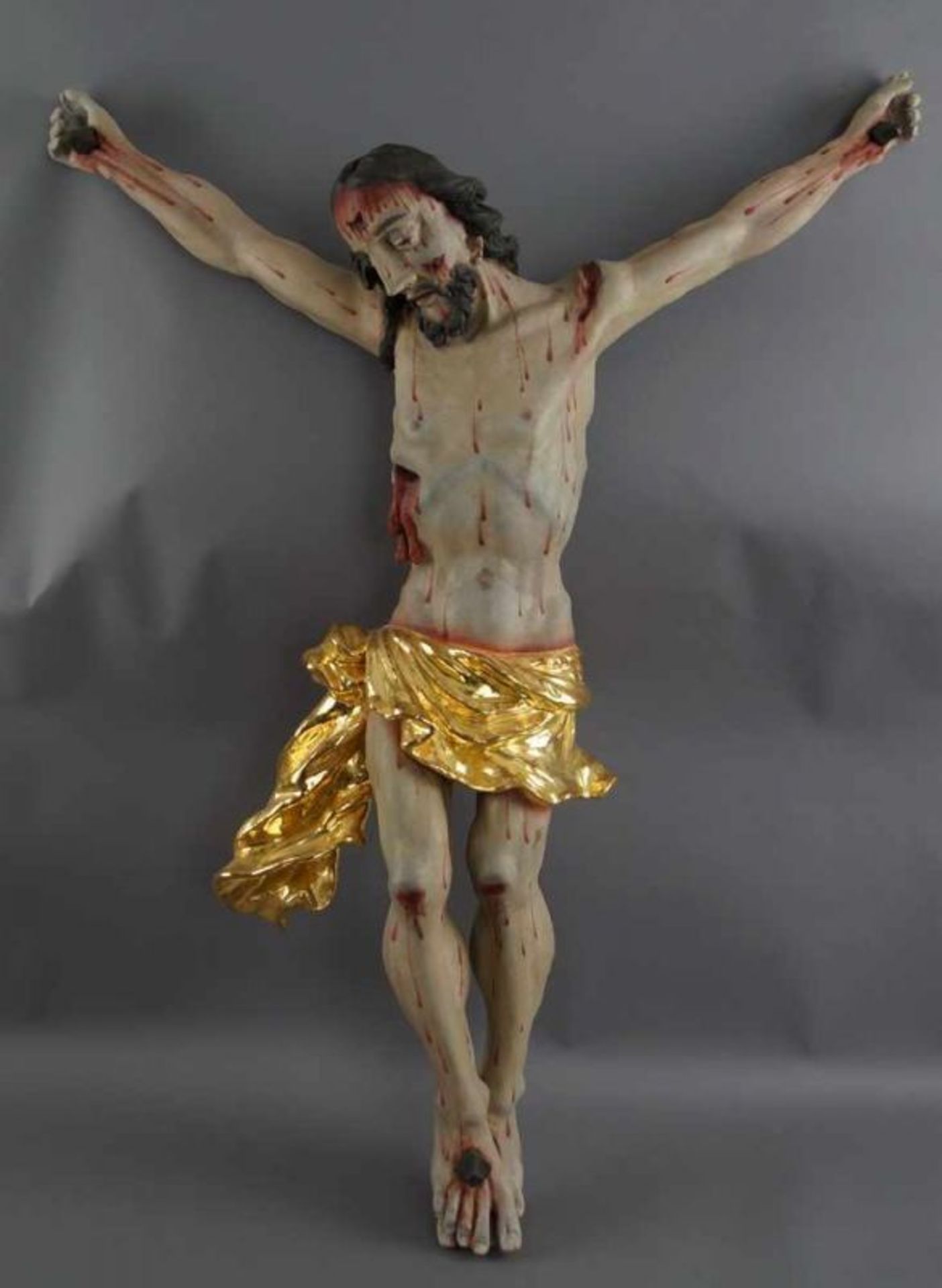 Barocker Korpus Christi, Holz geschnitzt und gefasst, 18. JH, rest., 92x79cm 20.17 % buyer's premium