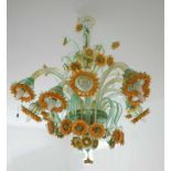 Murano Deckenlüster Sonnenblumen, Deckenleuchter mit Glas Sonnenblumen und feinem Goldstaub, 9-