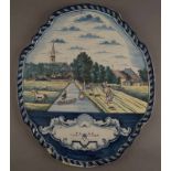 Grosse Fayence-Platte mit Landschaftsansicht und Personen, um 1800, min. rest.-bed., 57x48 cm 20.