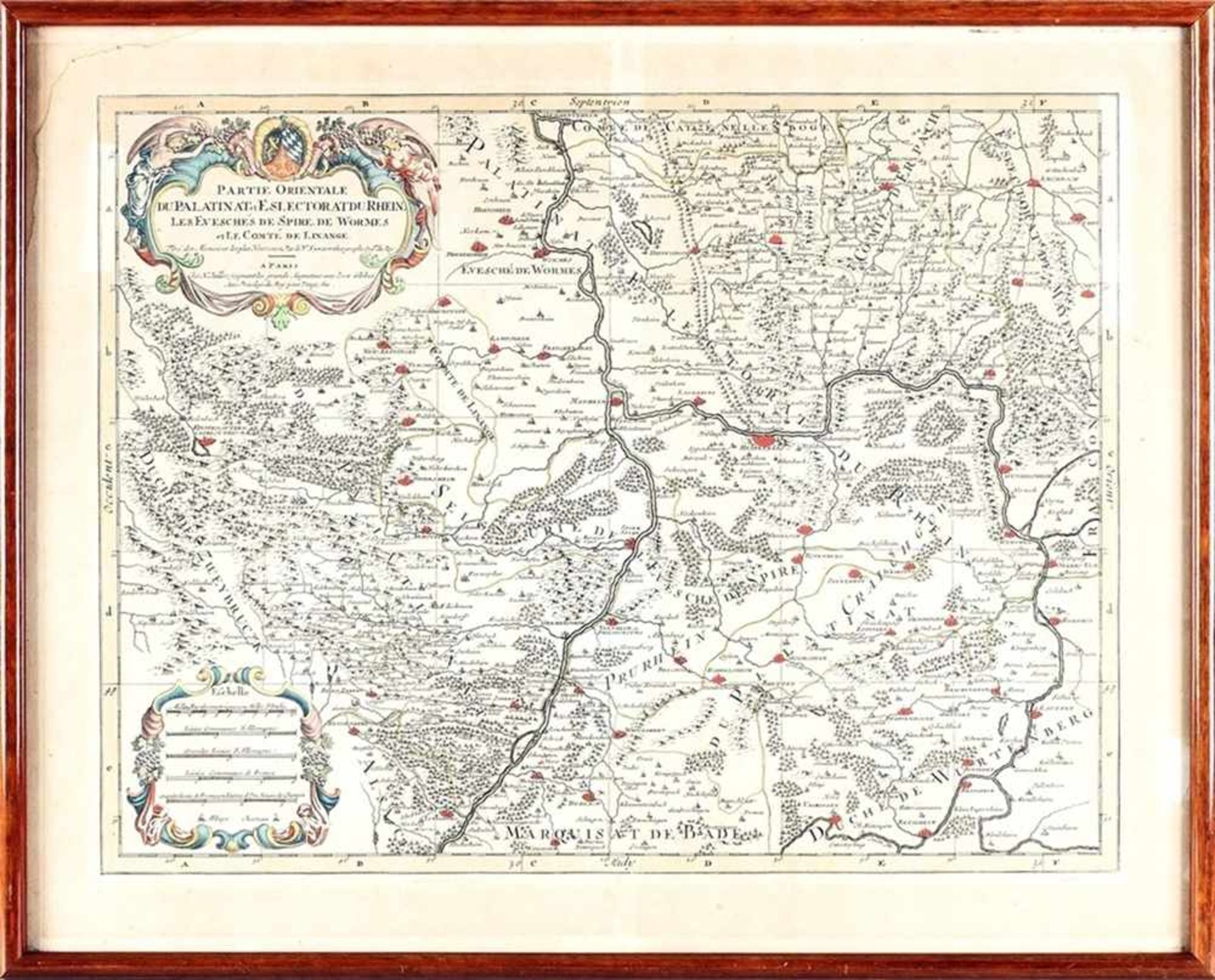 Karte der östlichen Rheinpfalz Kupferstich, part. koloriert, Grenzkolorierung. "Partie Orientale