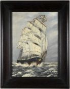 Kares, V. (Nordischer Maler, 2. H. 20. Jh.) Öl/Presspappe. Segelschiff, Dreimaster, auf hoher See.