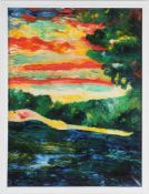 Burmeister, Siegfried Öl/Lwd. Uferlandschaft mit farbigem Himmel. 80 x 60,5 cm. Rahmen. Aus dem