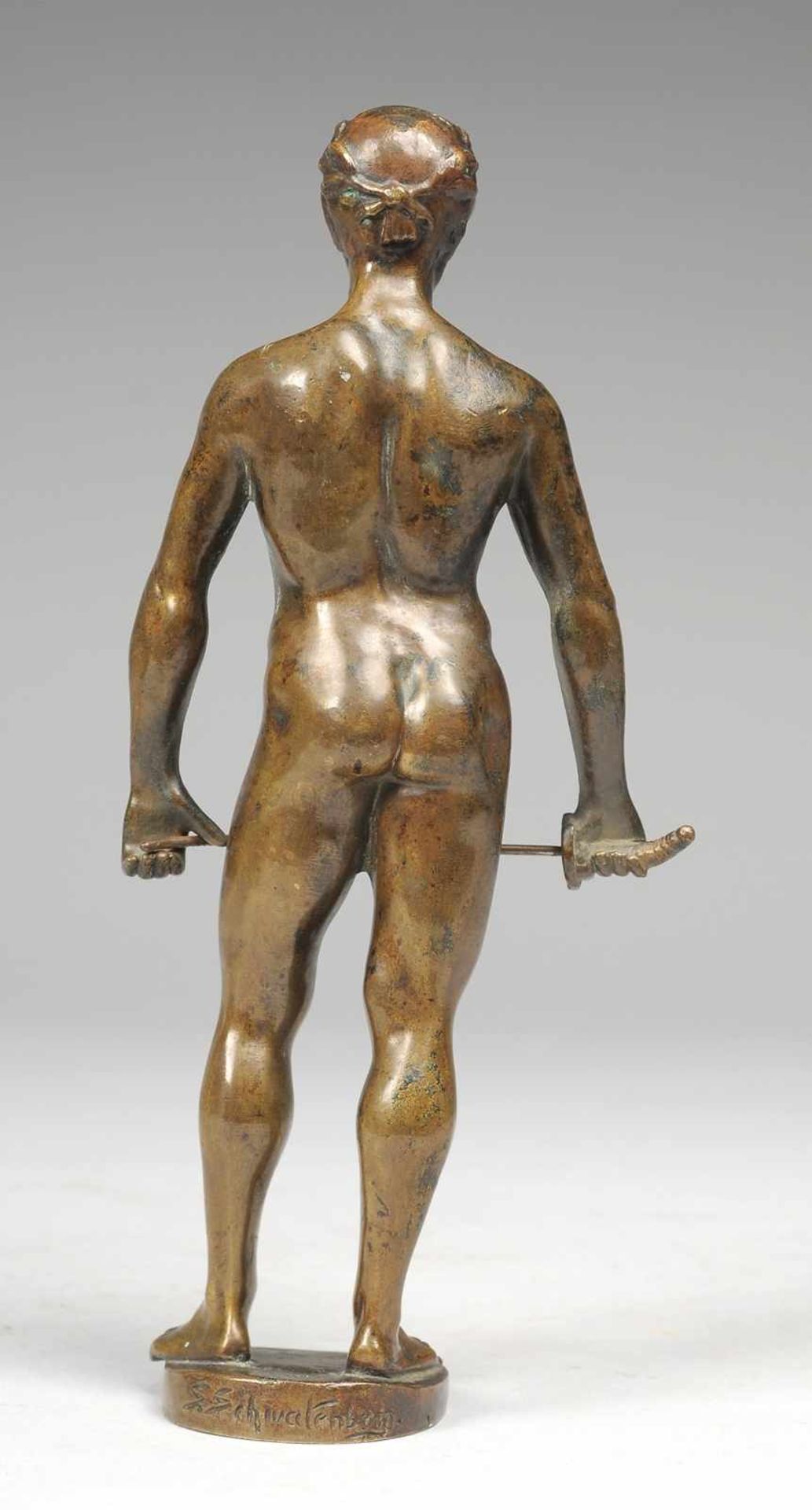 Schwatenberg, Spiro (Deutscher Bildhauer, tätig 1898-1922) Bronze, patiniert. Fechter. Auf runder - Bild 3 aus 5