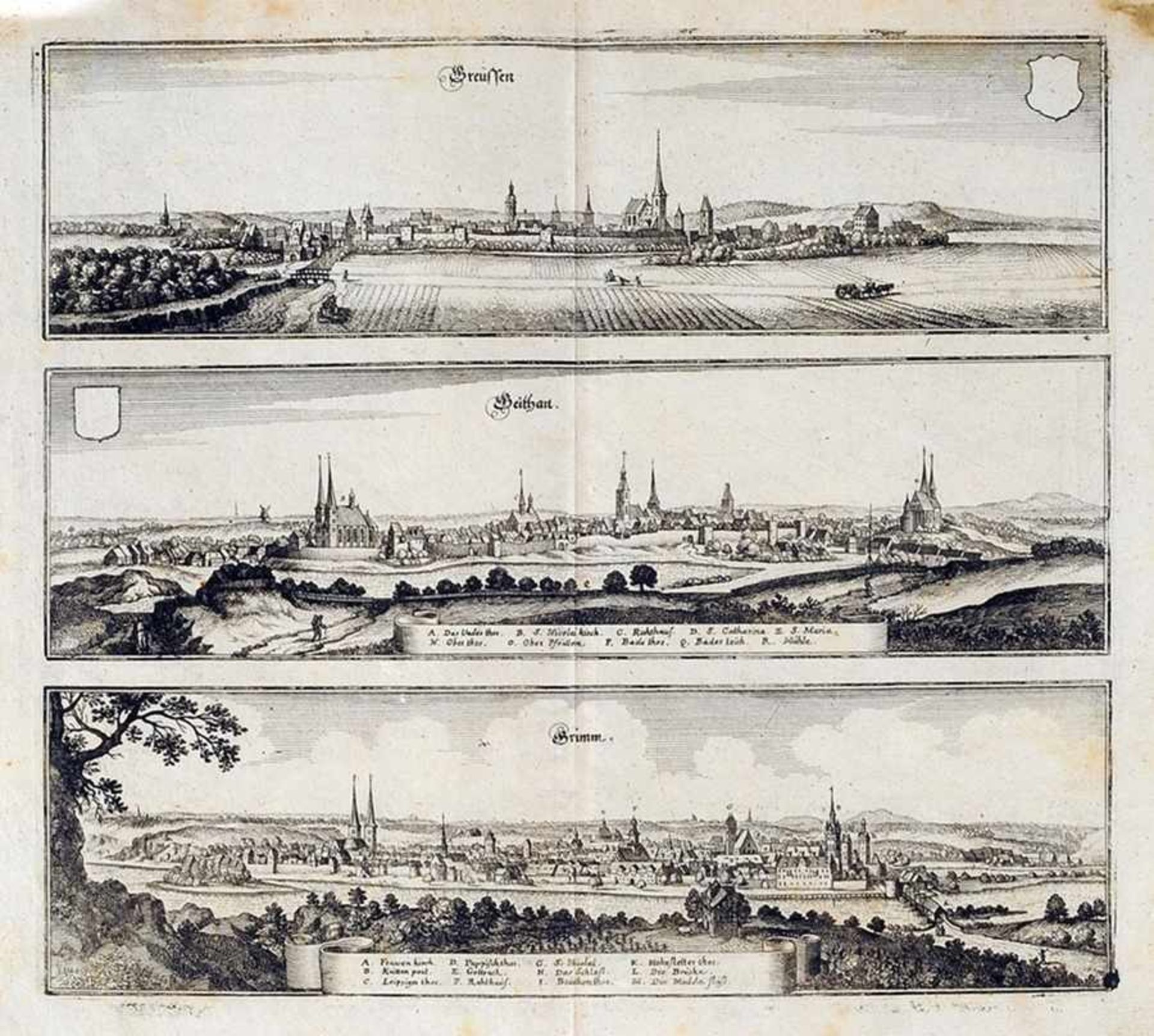Merian, Kaspar (1627 Frankfurt am Main - 1686 Schloss Waltha) Kupferstich. Ansichten von Greussen,