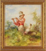 Unbekannt (Deutscher Maler, 20. Jh.) Öl/Presspappe. Junger Flötenspieler mit Vögeln in Landschaft.