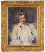 Schurig, J. (Deutscher Maler, um 1900) Öl/Lwd. Porträt einer Dame im weißen Spitzenkleid mit
