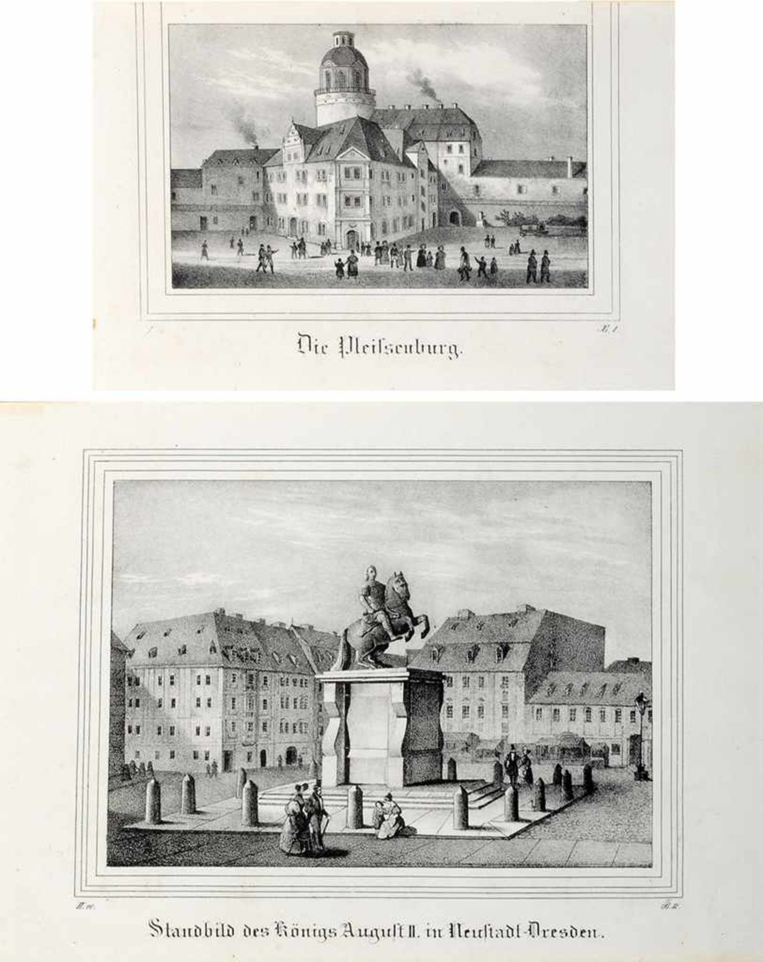 Zwei historische Ansichten Lithographie. "Die Pleissenburg" in Leipzig u. "Standbild des Königs