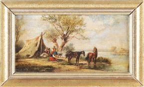 Steinacker, Alfred (1838 Ödenburg - 1914 Wien) Öl/Lwd. Kleine Uferlandschaft mit Zigeunerlager. R.