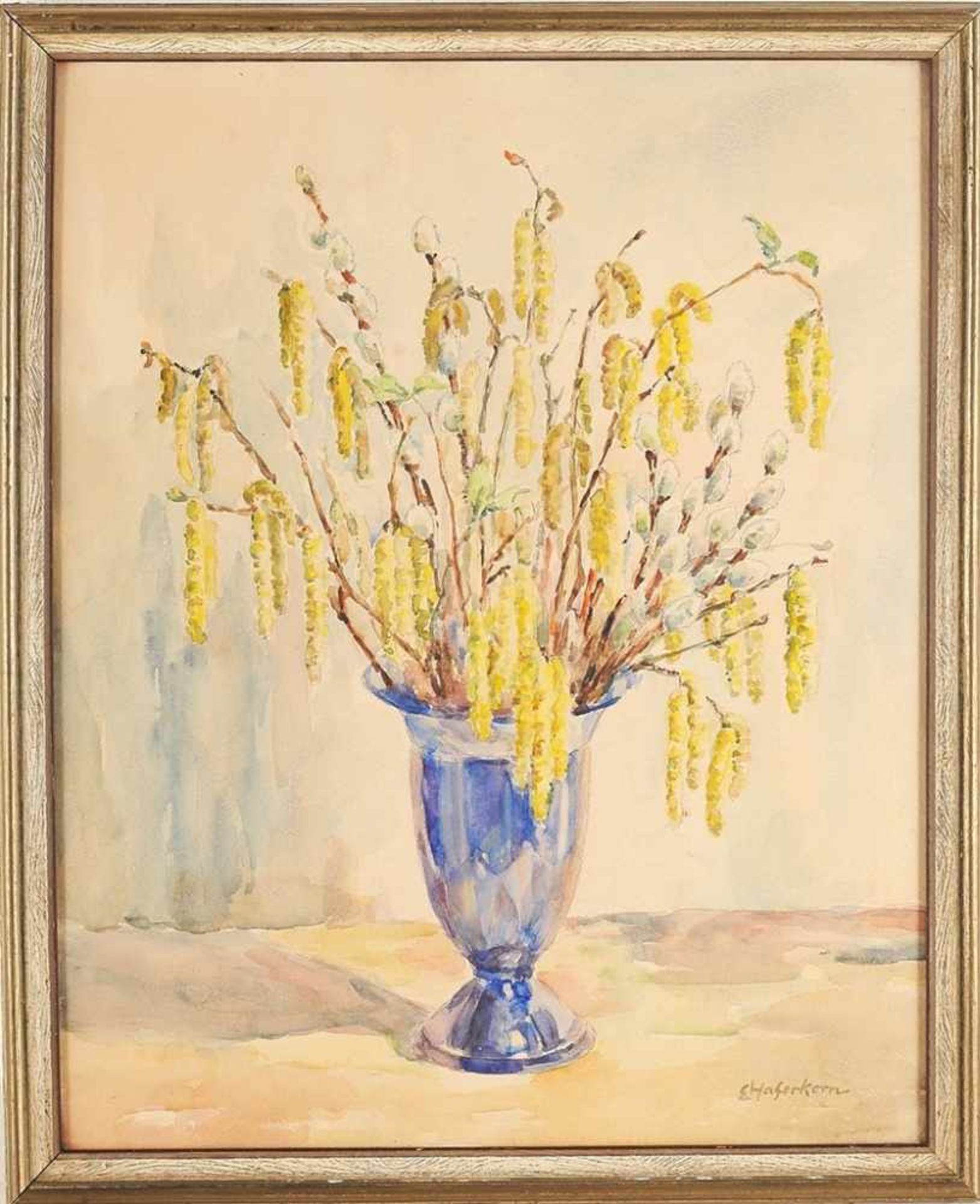 Haferkorn, Elisabeth (Leipzig 1886 - 1969) Aquarell/Papier. Frühlingsstrauß mit Birken- u.