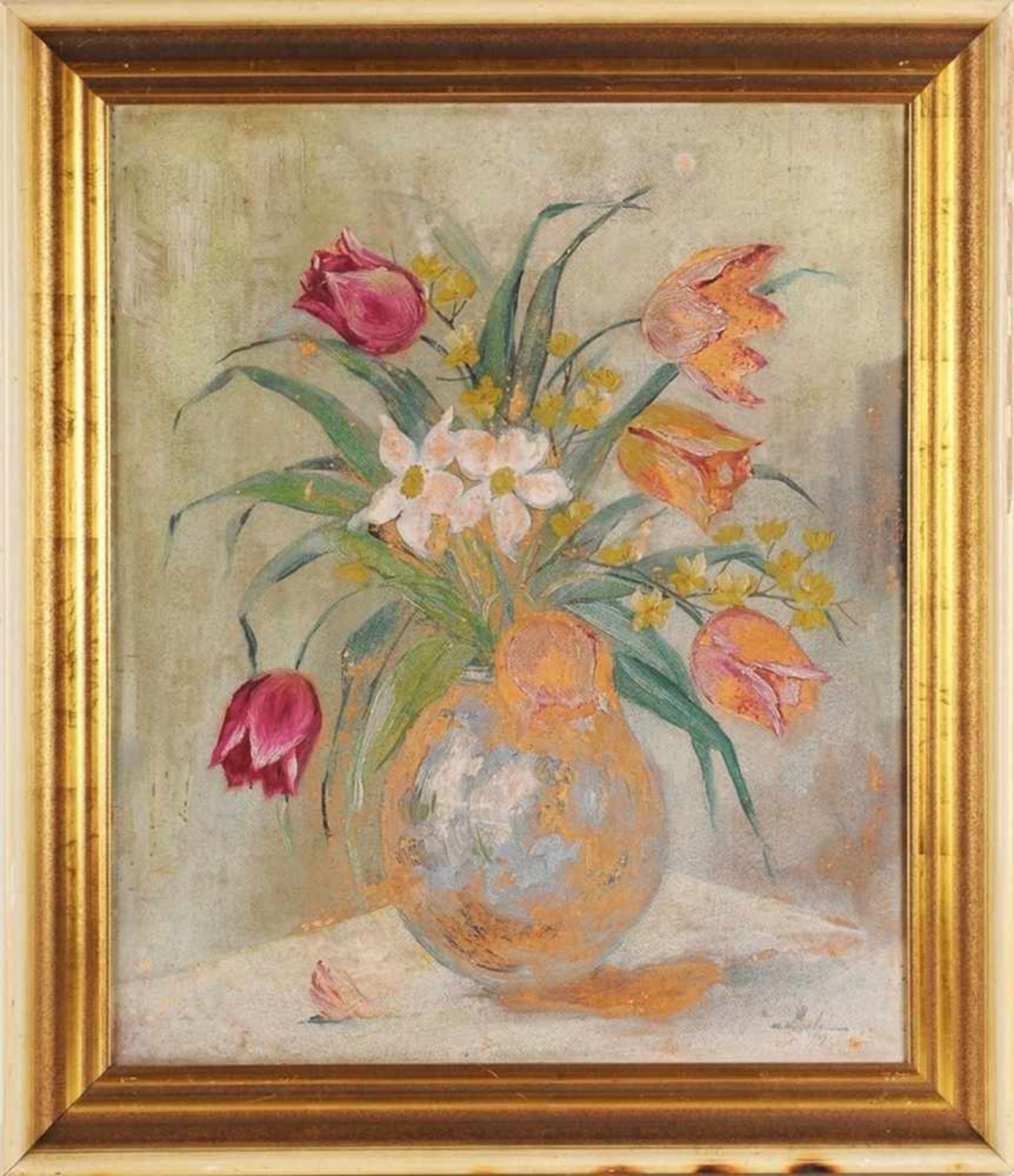 Nägele, M. (Deutscher Maler, 1. H. 20. Jh.) Öl/ Malpappe. Stillleben mit Frühlingsstrauß aus Tulpen,