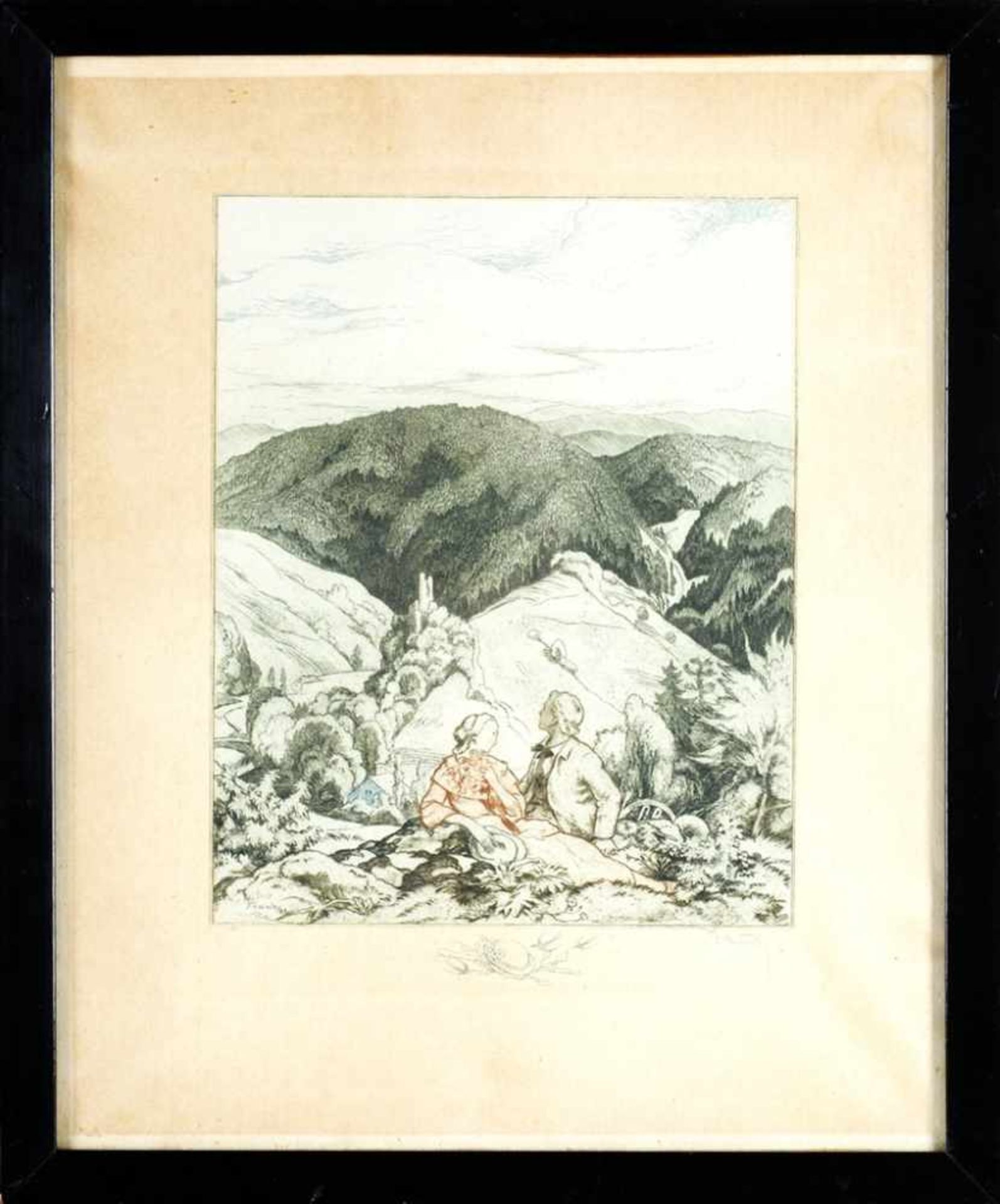 Traub, Gustav (1885 Lahr - 1955 St. Märgen) Radierung. Gebirgslandschaft mit jungem Paar im