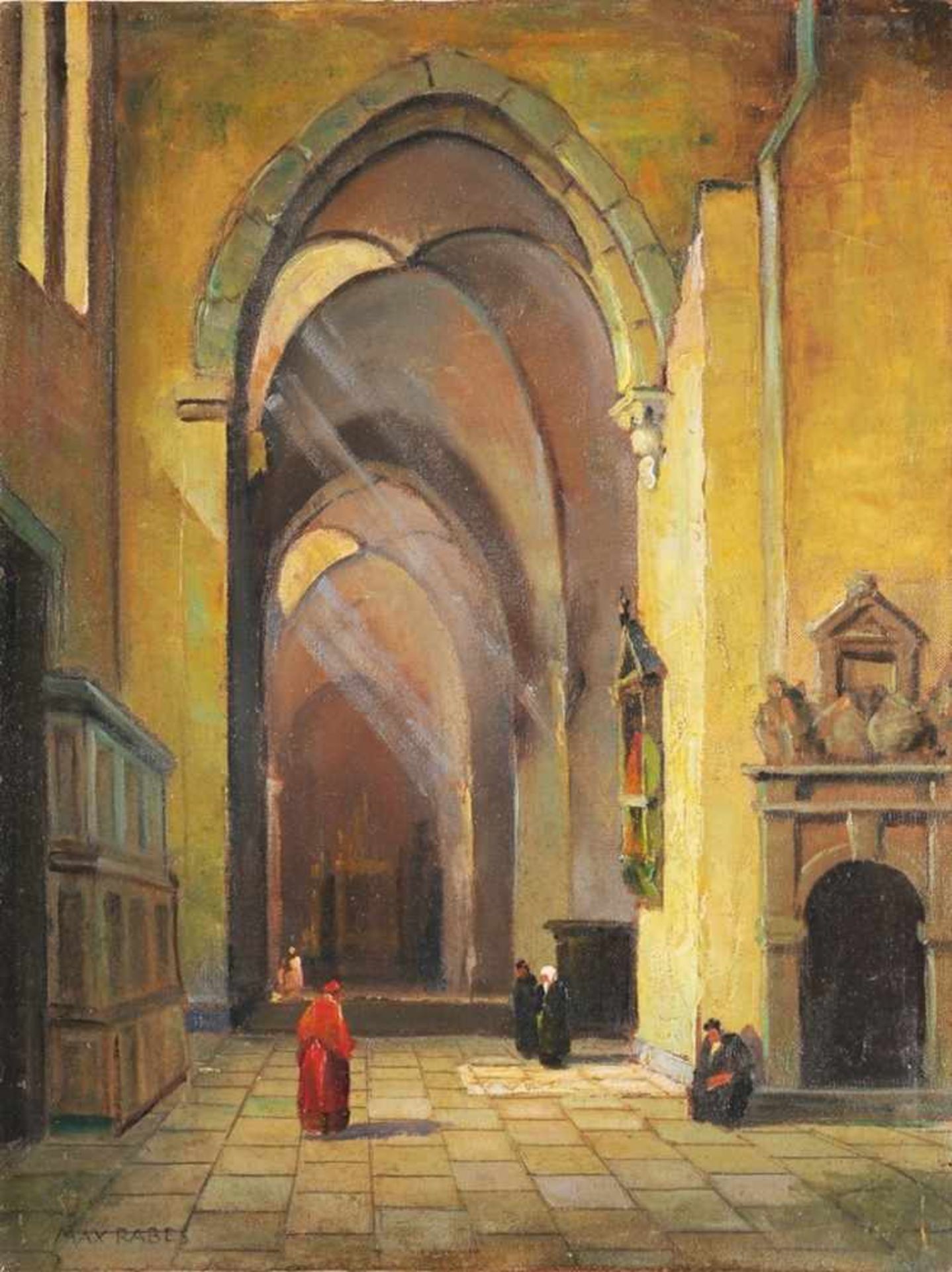 Rabes, Max (1868 Samter/Posen - 1944 Wien) Öl/Malpappe. Kircheninterieur mit Staffagefiguren. L.