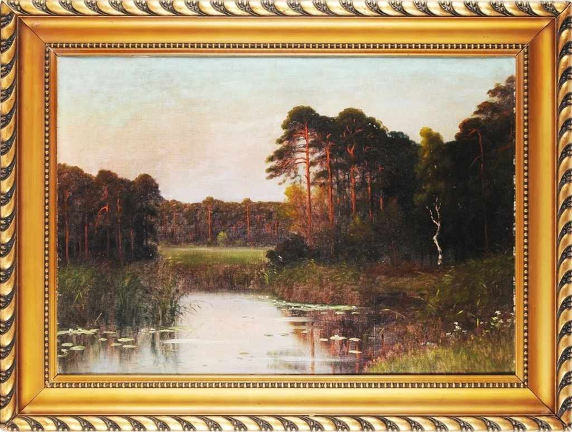 Unbekannt (Deutscher Maler, 1. H. 20. Jh.) Öl/Malpappe. Landschaft mit Kiefernbäumen u. Teich mit