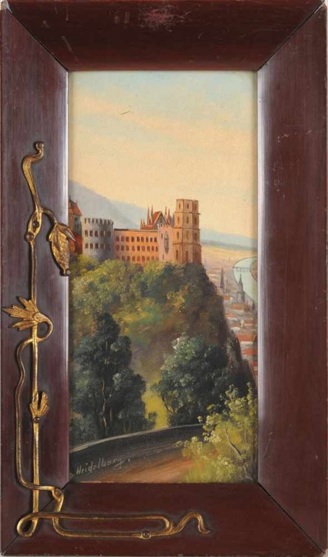 Porzellanbildplatte Weiß. In polychromer Bemalung Blick auf das Heidelberger Schloss und das