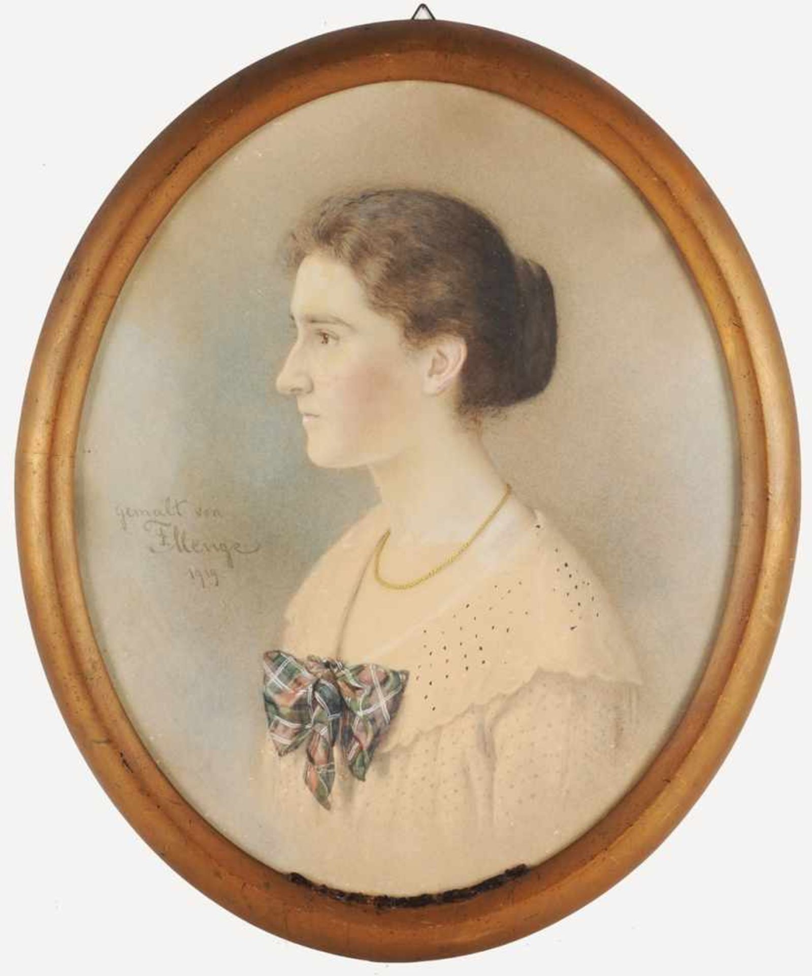 Menge, Ferdinand Blei, Aquarell/Papier. Ovale Form. Porträt einer jungen Frau. Brustbild, Profilbild