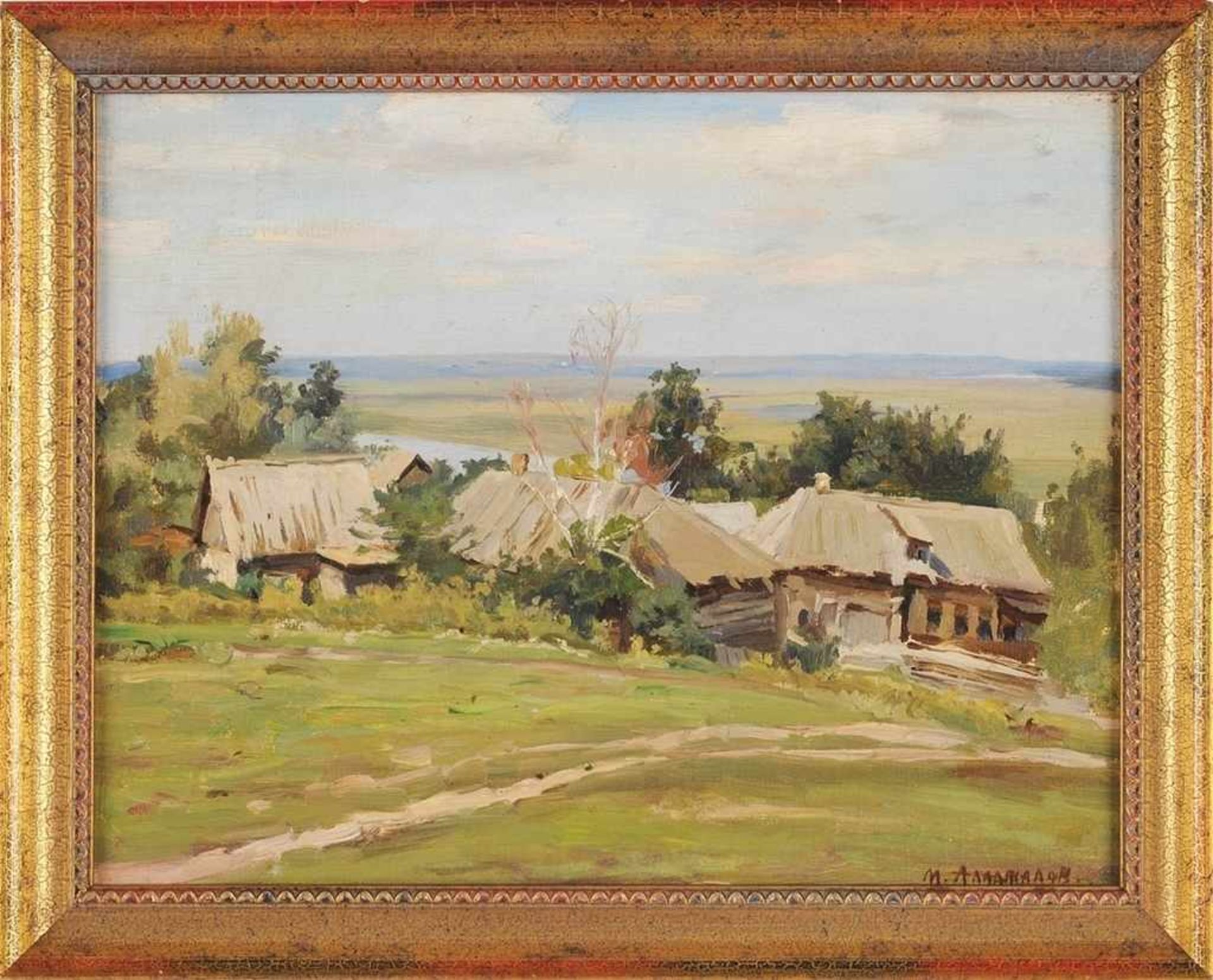 Aladzhalov, M. (Russischer Maler, 20. Jh.) Öl/Malpappe. Kleine russische Landschaft mit