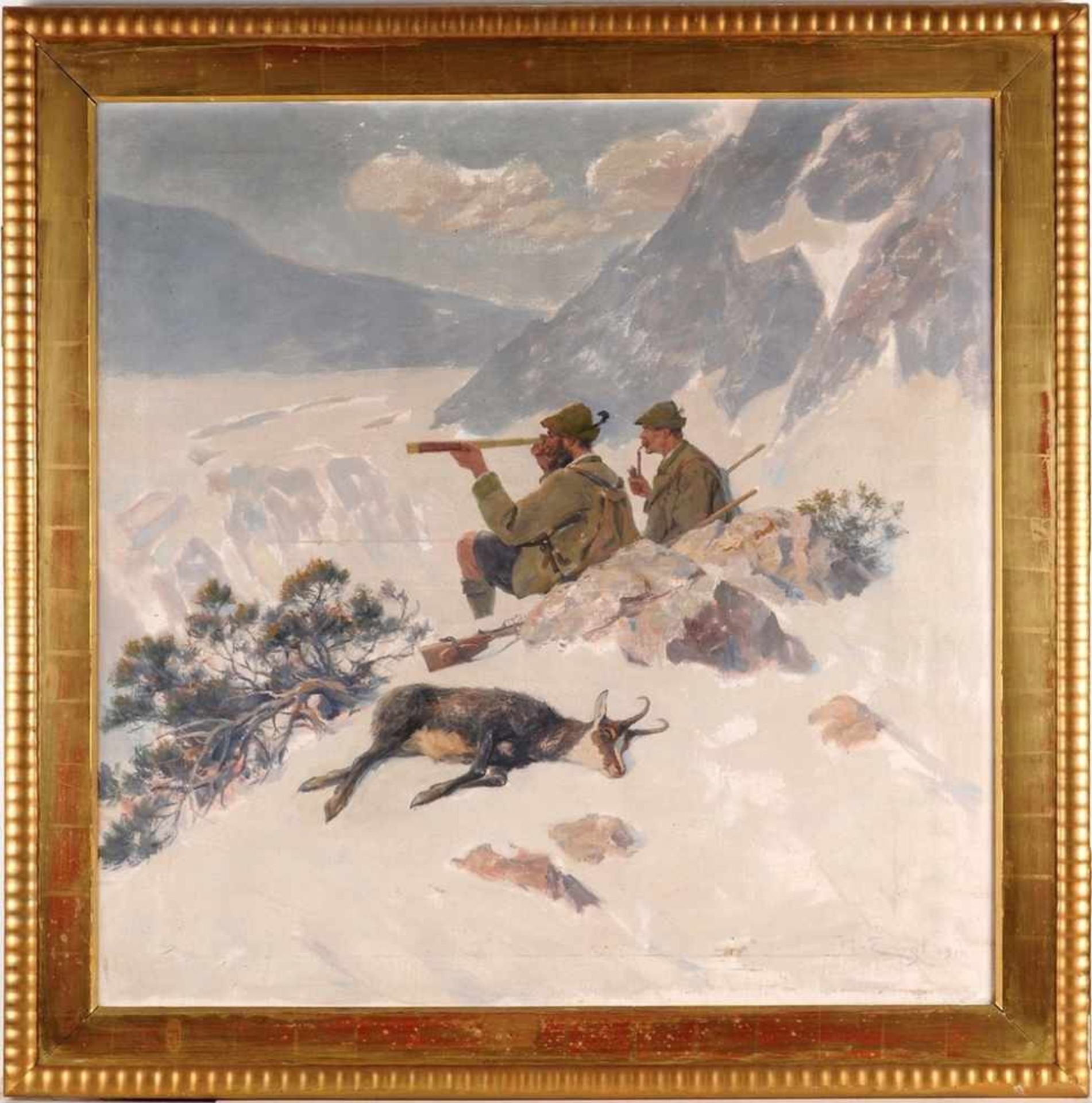 Engl, Hugo (1852 Lienz - 1926 Silz/Tirol) Öl/Lwd. Winterliche Gebirgslandschaft mit 2 Jägern u.