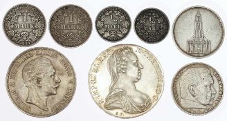Konvolut Silbermünzen 8-tlg. Maria-Theresien-Taler, 1780, S.F. (moderne Nachprägung)./ Wilhelm II.