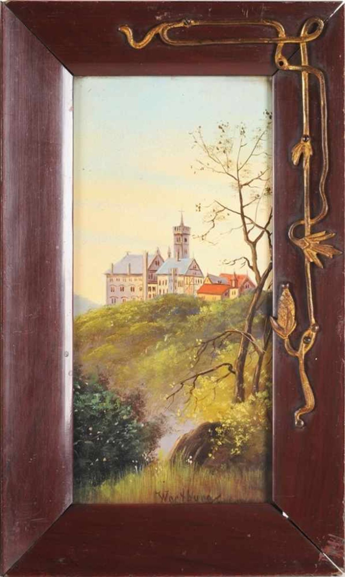 Porzellanbildplatte Weiß. In polychromer Bemalung Blick auf die Wartburg. R. u. handschriftlich bez.